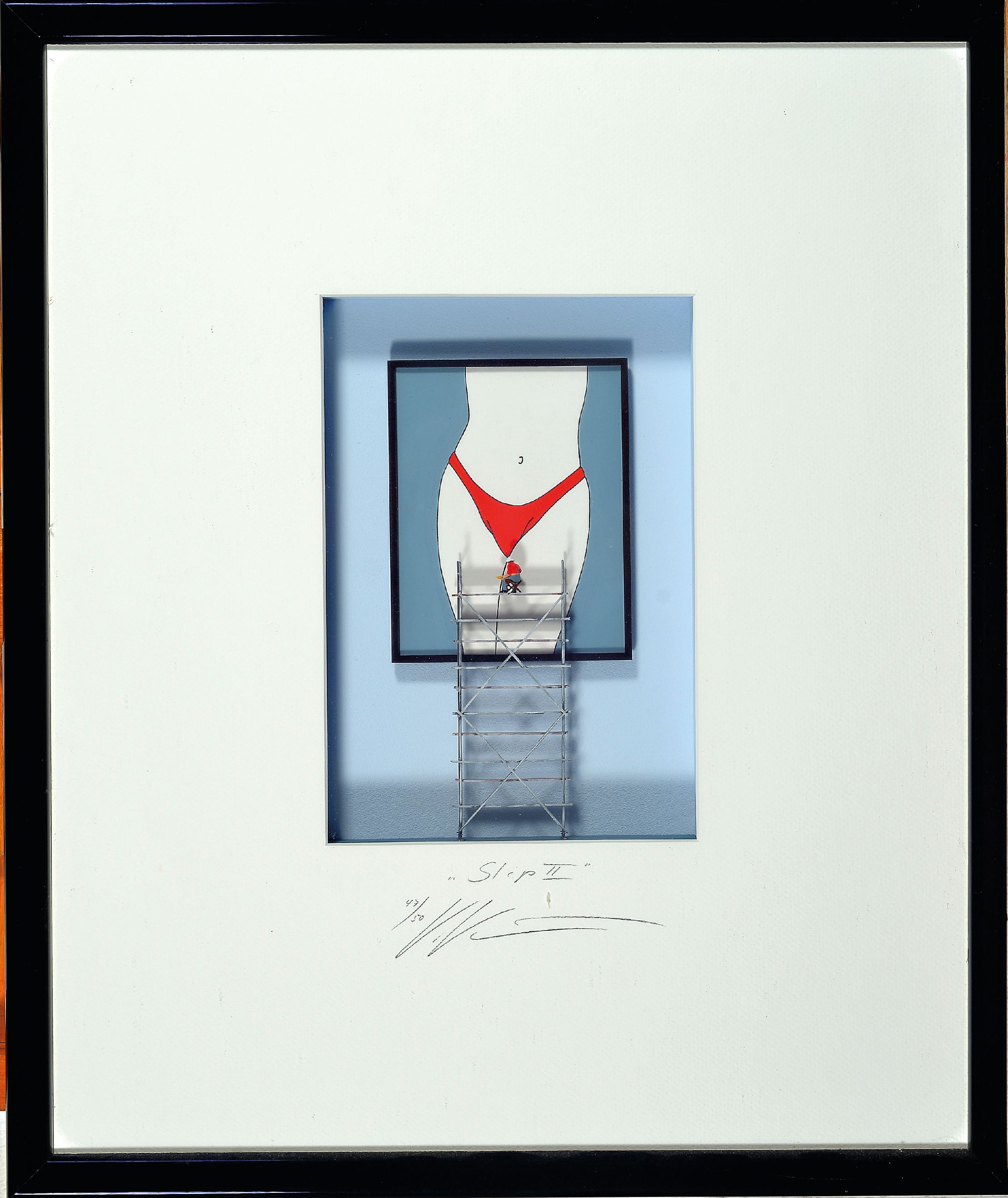 Detail k: Volker Kühn, geb. 1948, "Slip II", 3D-Objektim Objektkasten hinter Glas, Ed. 47/50, bez. und handsigniert, 23x16 cm, Rahmen 51x43 cm
