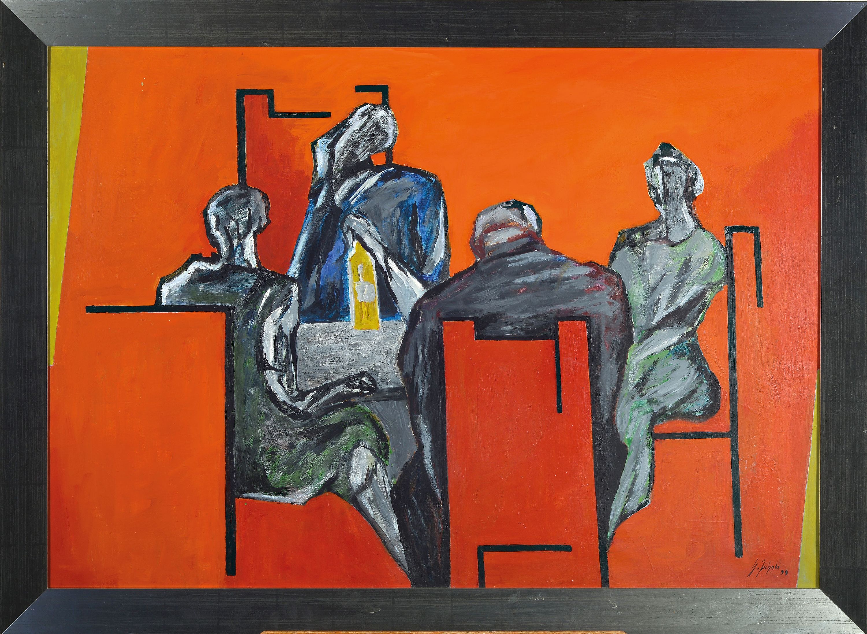 Detail k: Gerd Jähnke, 1921-2005, Figurenkomposition auf orangefarbenem Grund, rechts unten signiert und datiert 1999, Öl/Lwd, Rahmen 86x117 cm, Etikett der ...