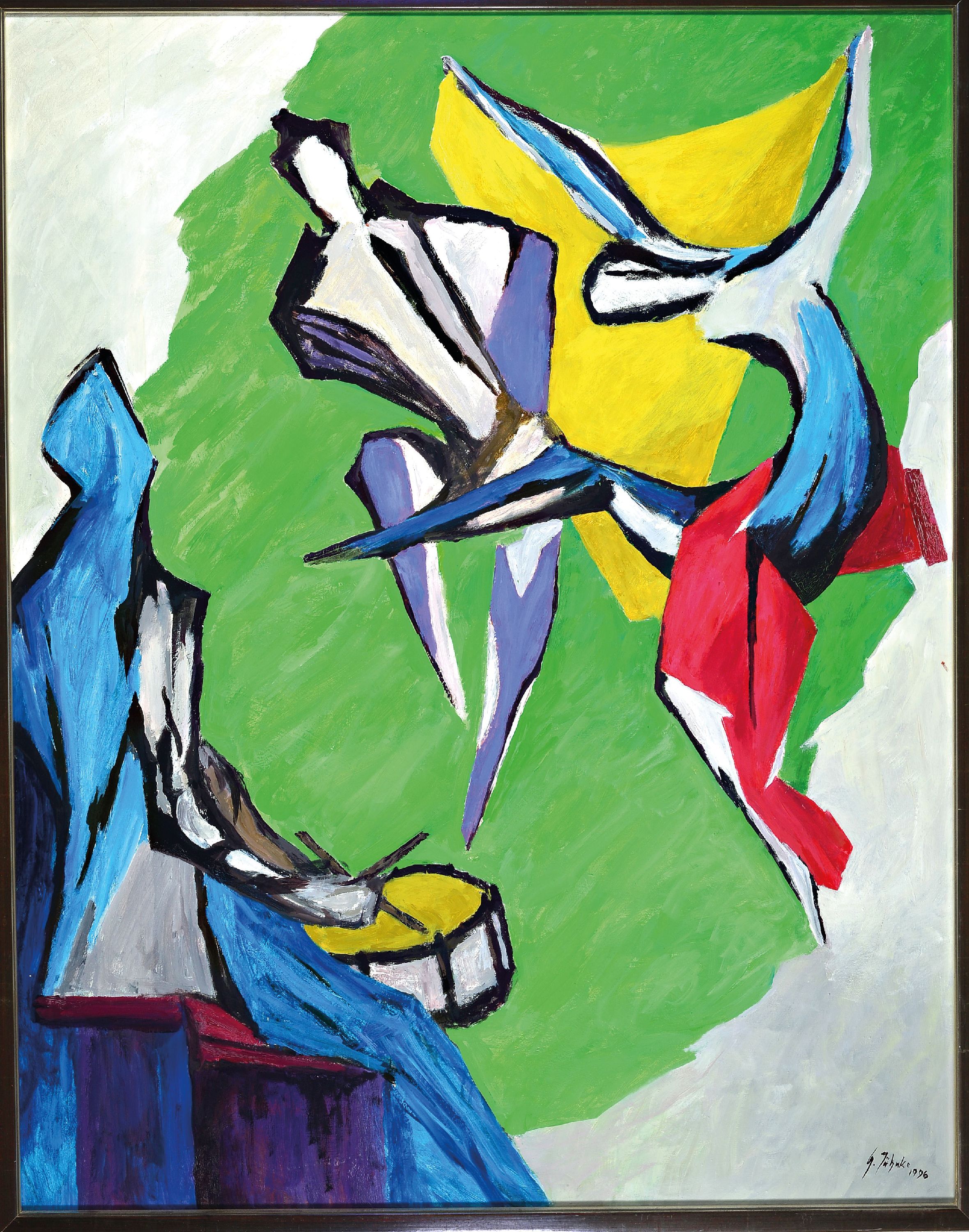 Detail k: Gerd Jähnke, 1921-2005, "Im Grünen" so auf fragmentarischem Etikett bez., rechts unten signiert und datiert 1996, Öl/Lwd, Rahmen 124x98 ...