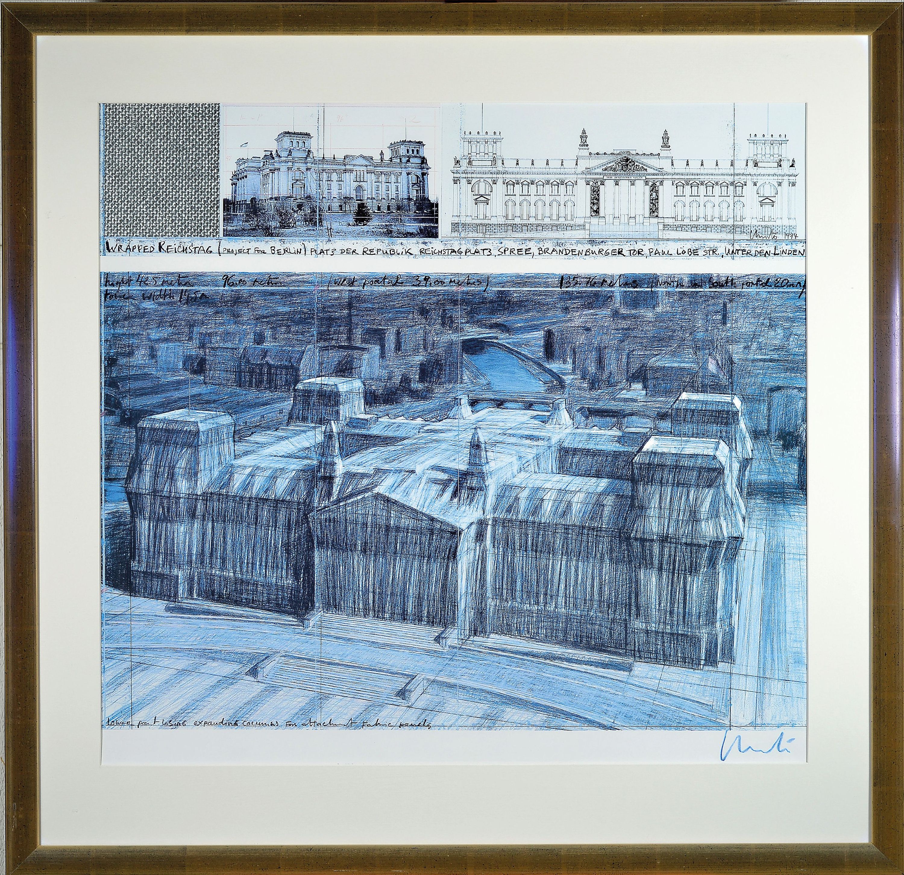 Detail k: Christo, 1935-2020, Farboffset zum Projekt "Wrapped Reichstag (Project for Berlin), 1994", rechts unten handsigniert in blau, unter Glas ...