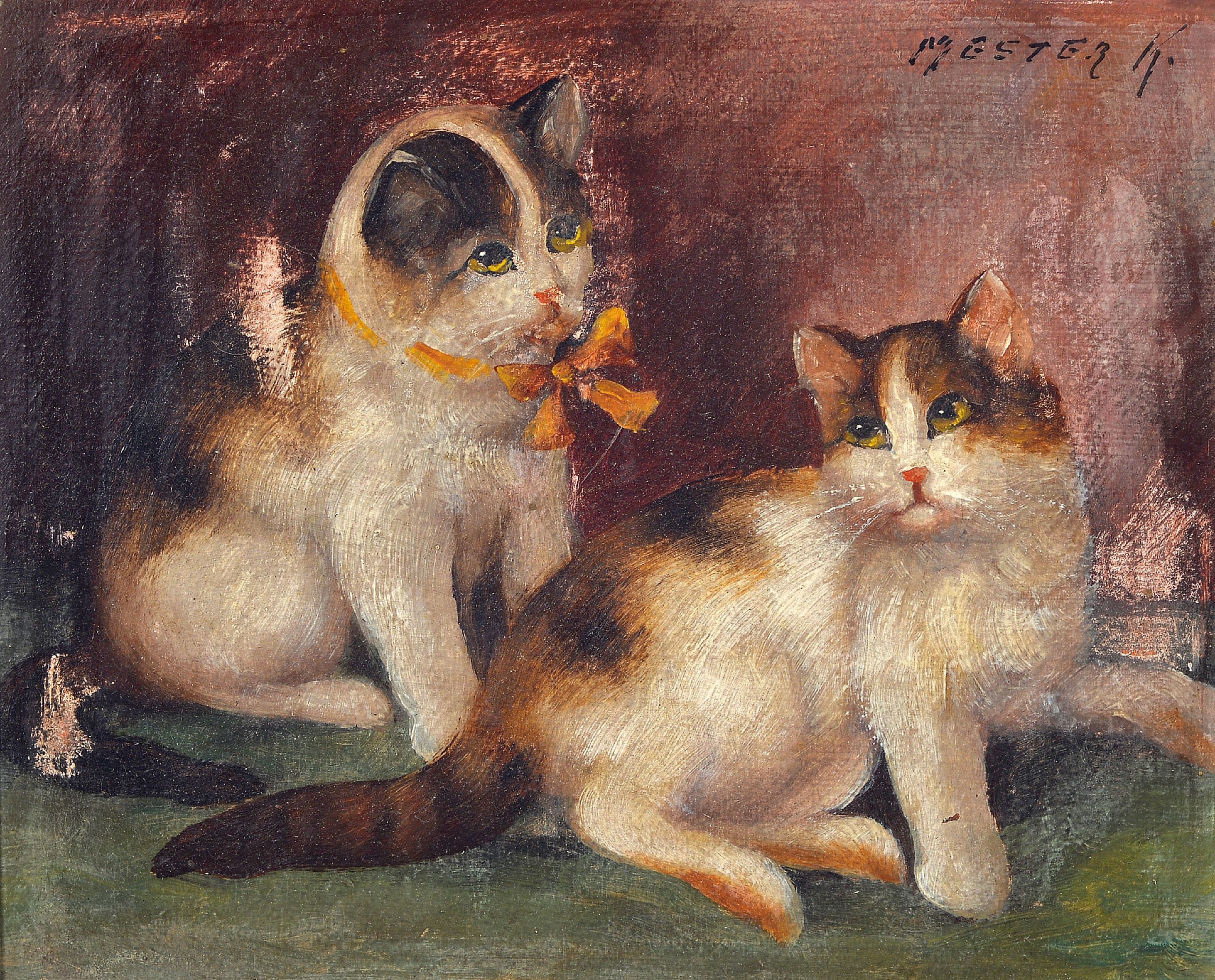 Detail a: Karoly Mester, ungarischer Tiermaler, 19./ 20.Jh., 2 Werke: Hühnerhof, links unten signiert, Öl/Platte, 25x33 cm, Rahmen 32x42 cm; Paar Katzen, ...
