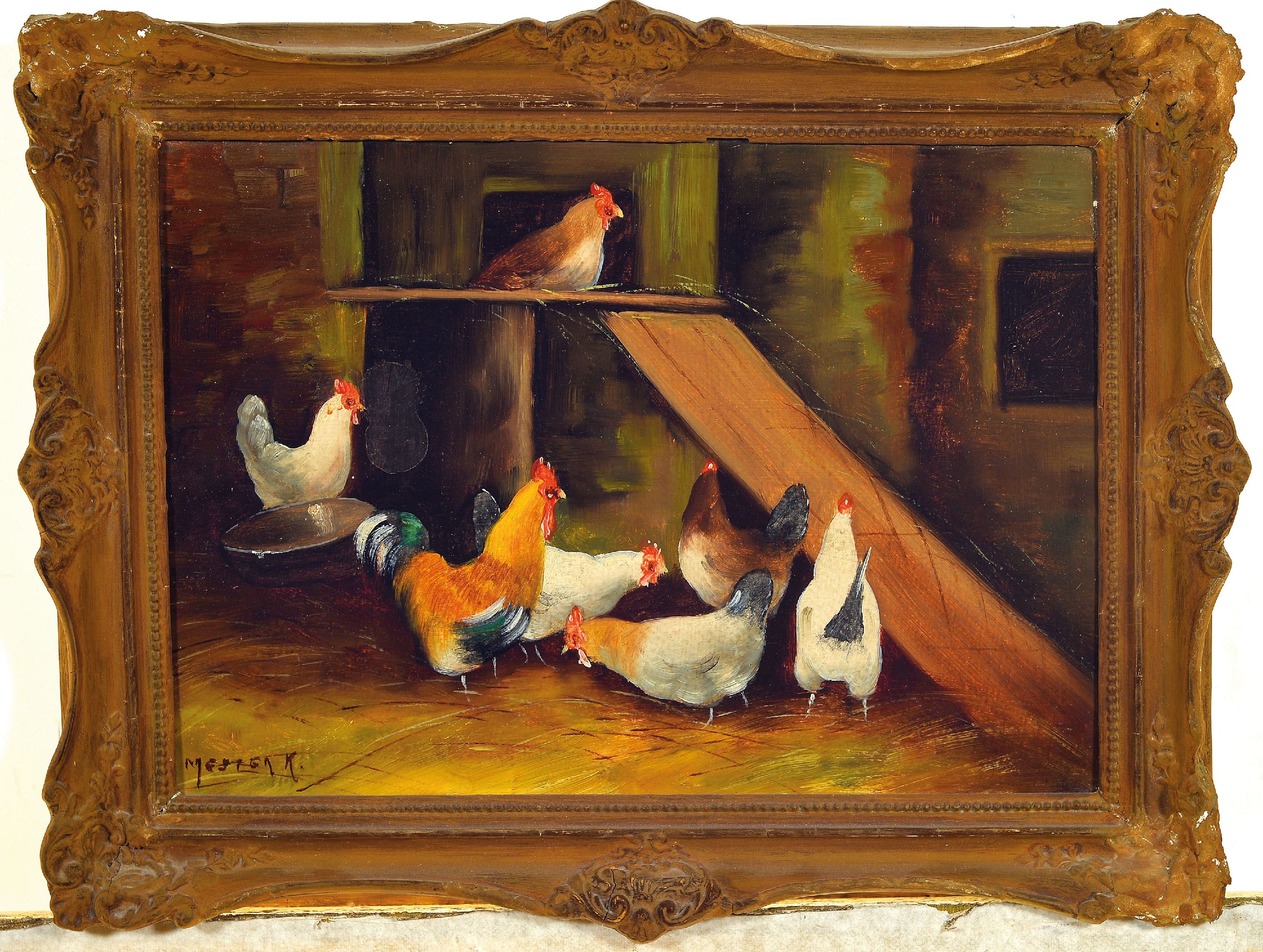 Detail k: Karoly Mester, ungarischer Tiermaler, 19./ 20.Jh., 2 Werke: Hühnerhof, links unten signiert, Öl/Platte, 25x33 cm, Rahmen 32x42 cm; Paar Katzen, ...