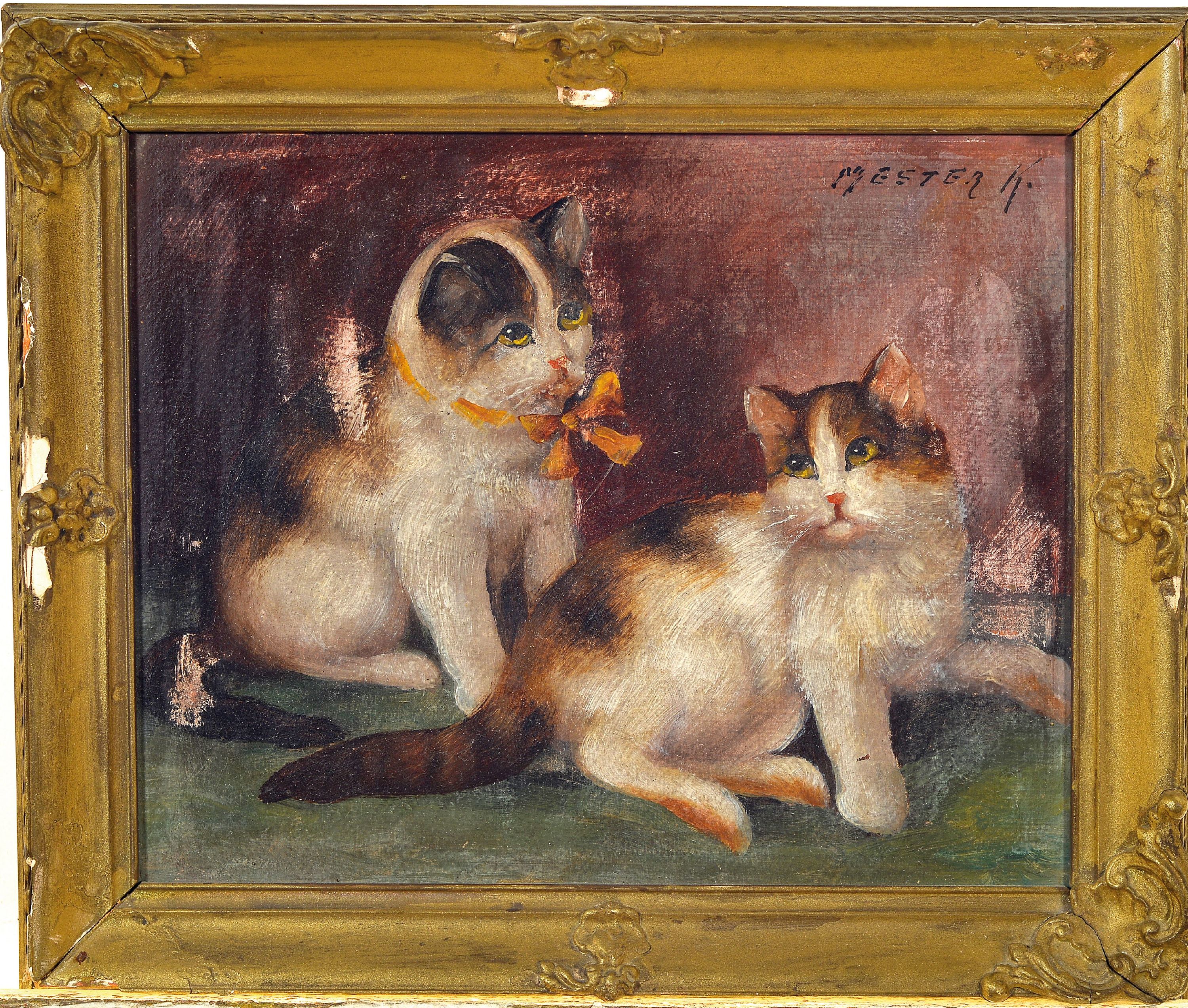 Detail l: Karoly Mester, ungarischer Tiermaler, 19./ 20.Jh., 2 Werke: Hühnerhof, links unten signiert, Öl/Platte, 25x33 cm, Rahmen 32x42 cm; Paar Katzen, ...