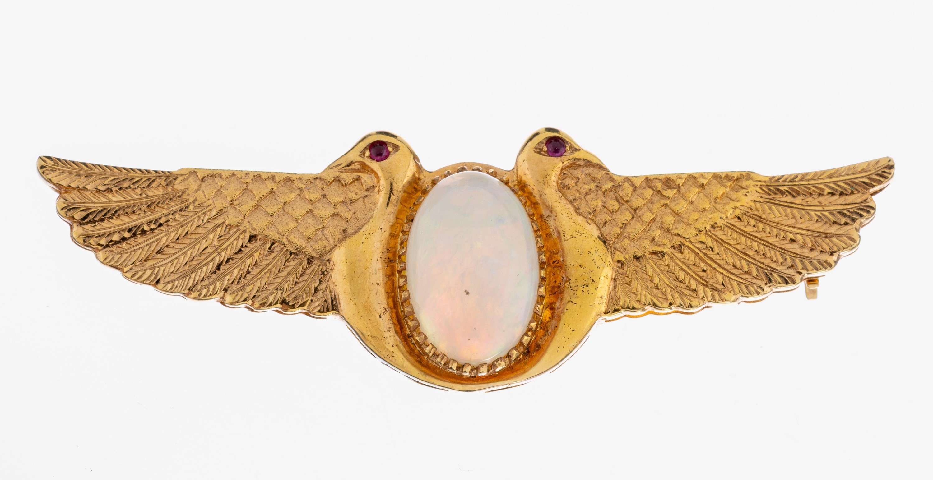 Image 27049597 - 18 kt Gold Opal-Brosche, GG 750/000, Darstellung zweier Vogelköpfe mit 2 Flügeln, ...