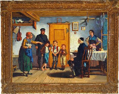 27049520k - Unbekannter Genremaler um 1900, wohl Tschechien, Interieur mit Figurengruppe, 3 Knaben ...