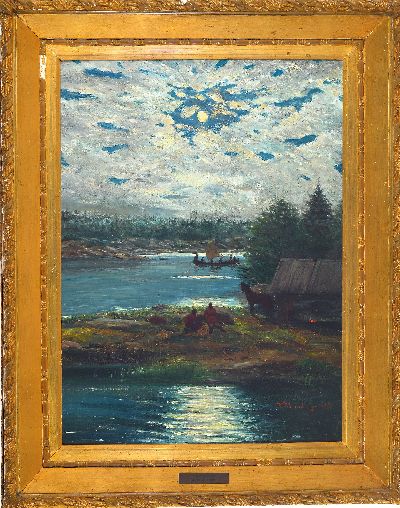 27049522k - W. Ehrenburg, 19th century artist, full moon landscape, pair of Slavic soldiers enacting ...