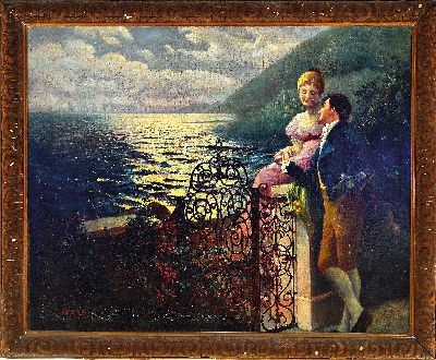 27049524k - Alfred Wessely, datiert 1917, galantes Paar vor Küstenlandschaft im Mondenschein, links ...