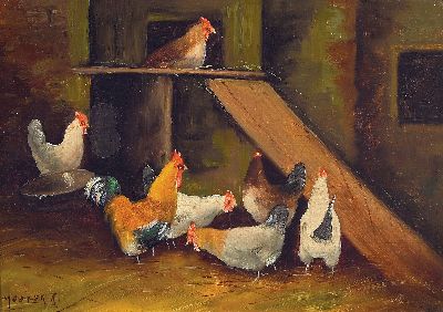Image Karoly Mester, ungarischer Tiermaler, 19./ 20.Jh., 2 Werke: Hühnerhof, links unten ...