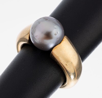 Image 14 kt Gold Perl-Ring, GG 585/000, qualitätvolle Verarbeitung, silbergraue ...