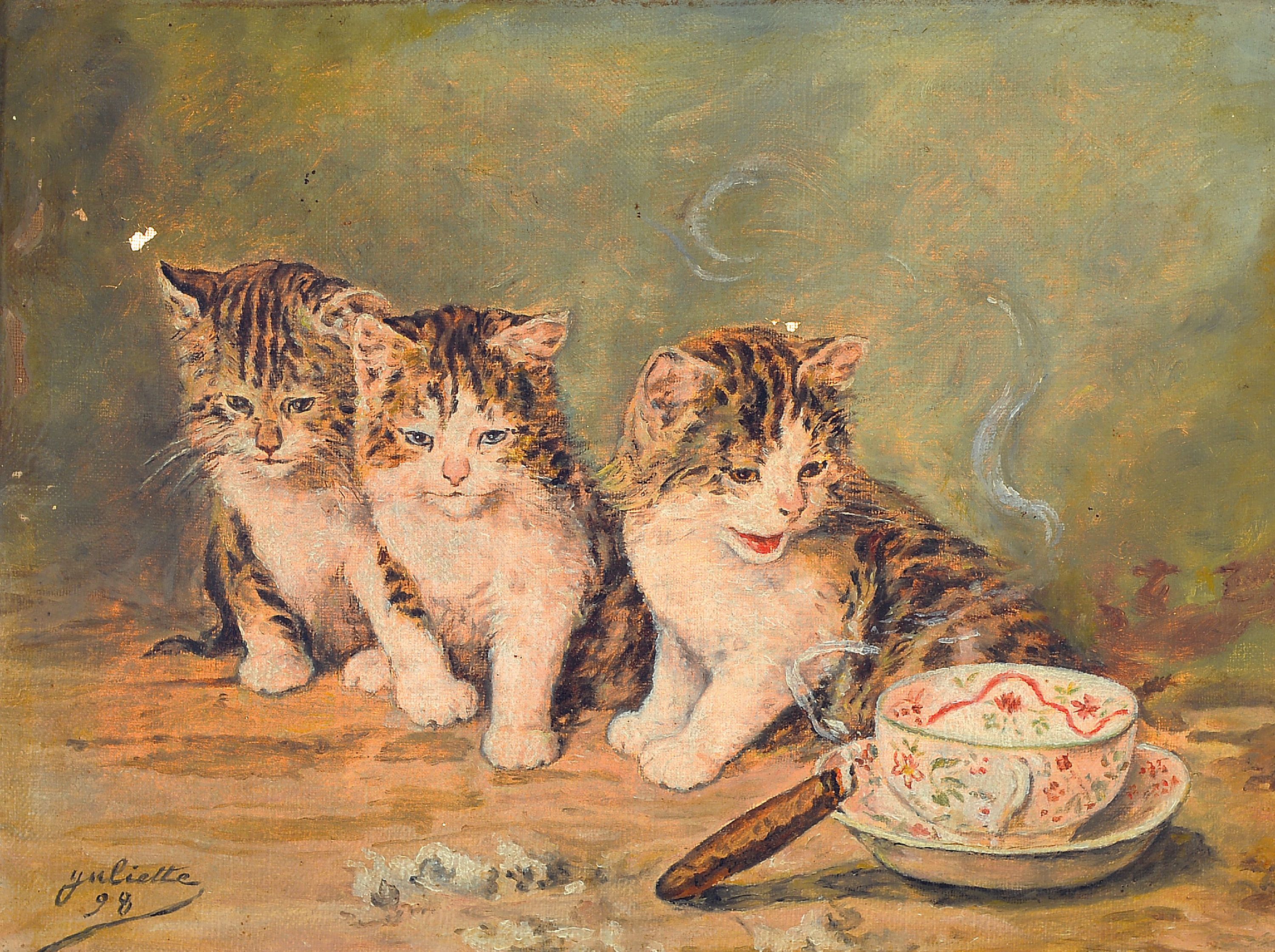 Image 27049603 - Juliette, 19./20.Jh., drei Katzen nebst Teetasse und Zigarre, signiert und datiert 1898, ...
