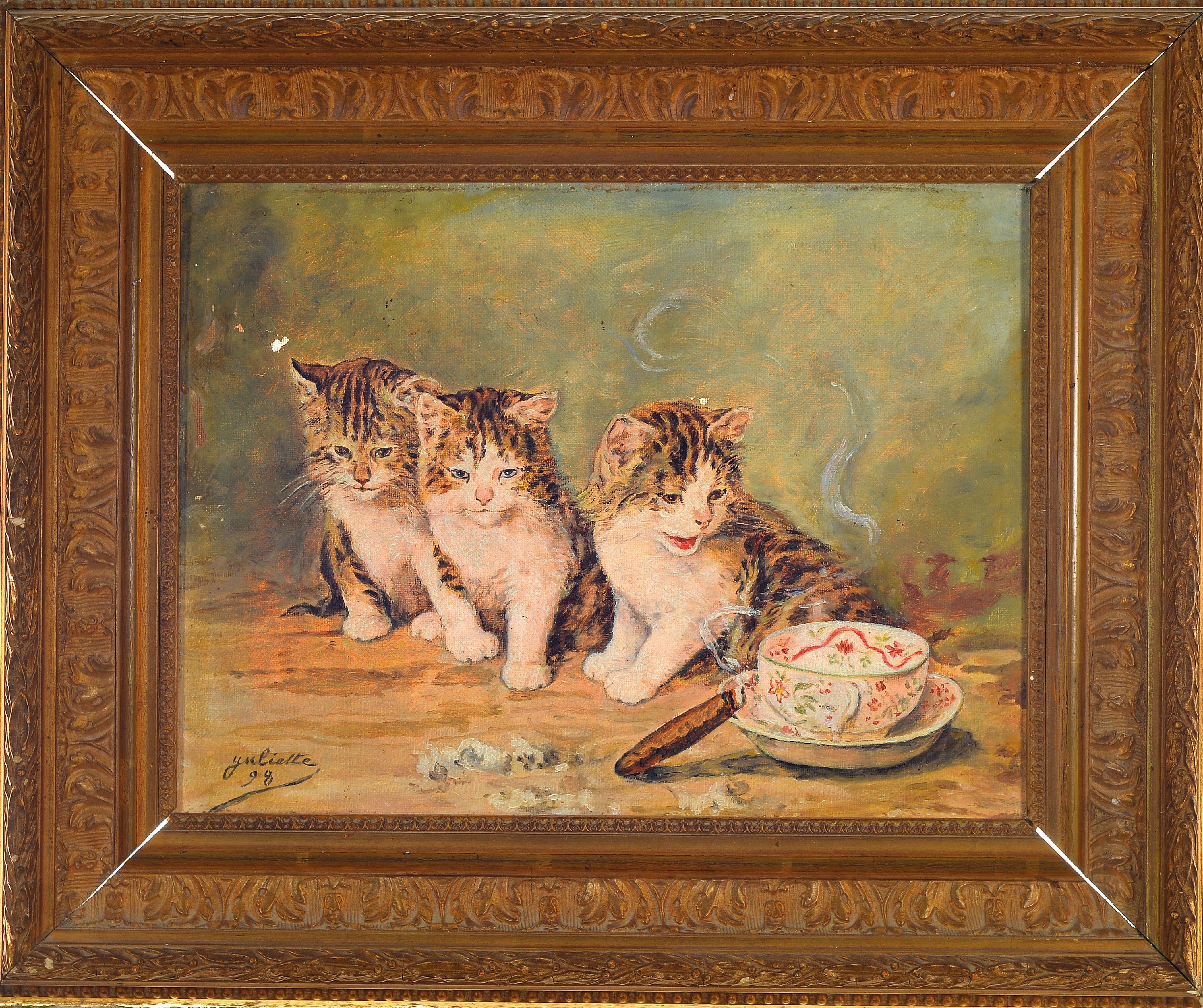Detail k: Juliette, 19./20.Jh., drei Katzen nebst Teetasse und Zigarre, signiert und datiert 1898, Öl/Lwd, 25x32 cm, Rahmen best. 38x46 cm