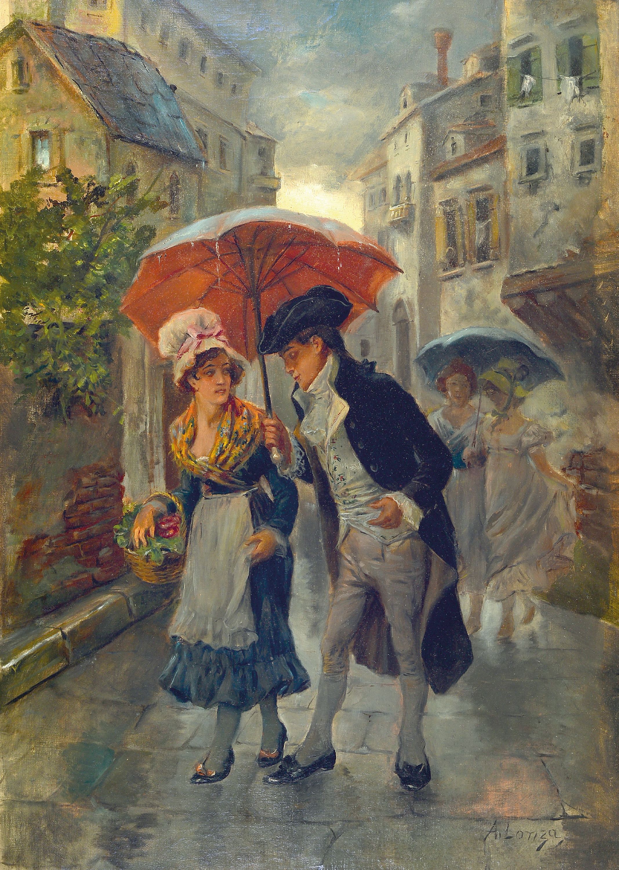 Image 27049613 - Antonio Lonza, 1846-1918 Triest, Galanterie, ein Herr bietet einer Magd den Regenschirm ...