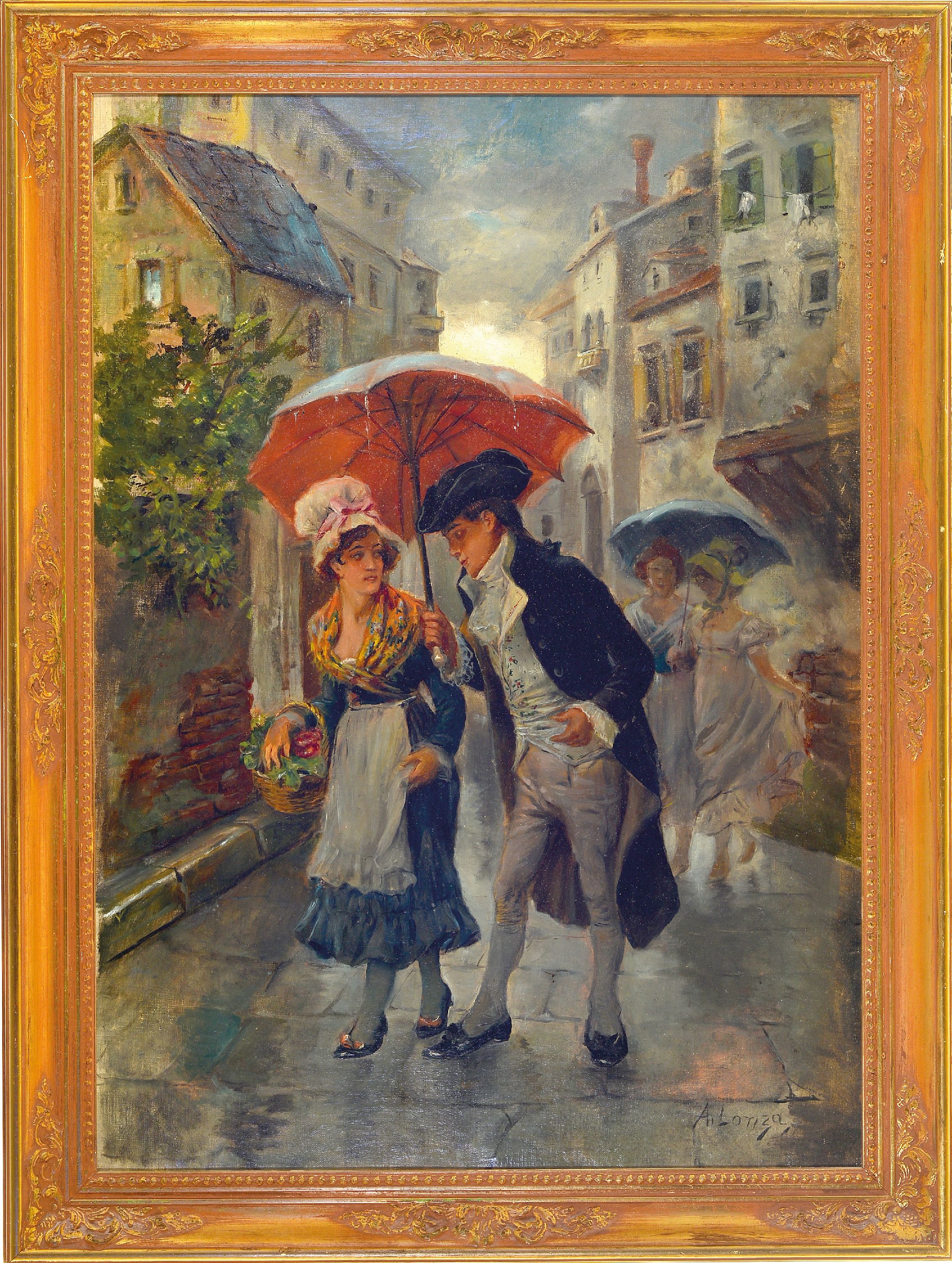 Detail k: Antonio Lonza, 1846-1918 Triest, Galanterie, ein Herr bietet einer Magd den Regenschirm an, rechts unten signiert, Öl/Lwd, 70x50 cm