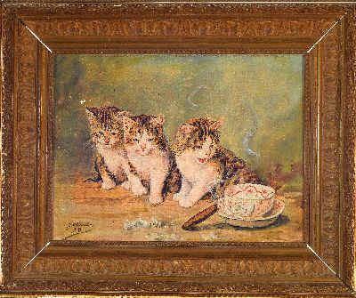 27049603k - Juliette, 19./20.Jh., drei Katzen nebst Teetasse und Zigarre, signiert und datiert 1898, ...