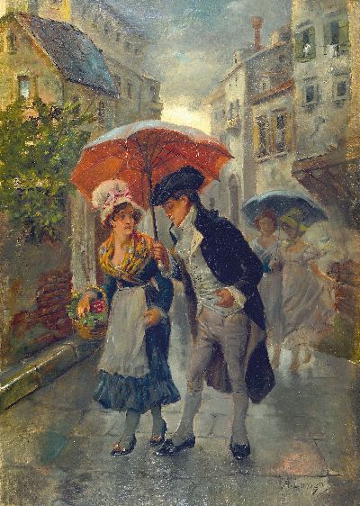 Image Antonio Lonza, 1846-1918 Triest, Galanterie, ein Herr bietet einer Magd den Regenschirm ...