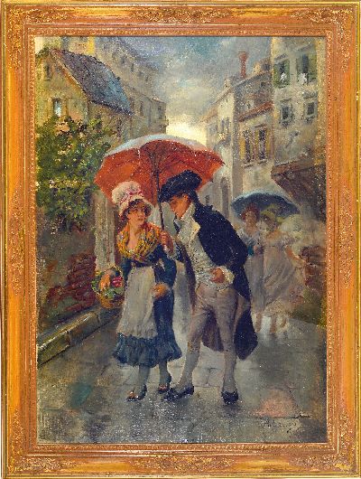 27049613k - Antonio Lonza, 1846-1918 Triest, Galanterie, ein Herr bietet einer Magd den Regenschirm ...