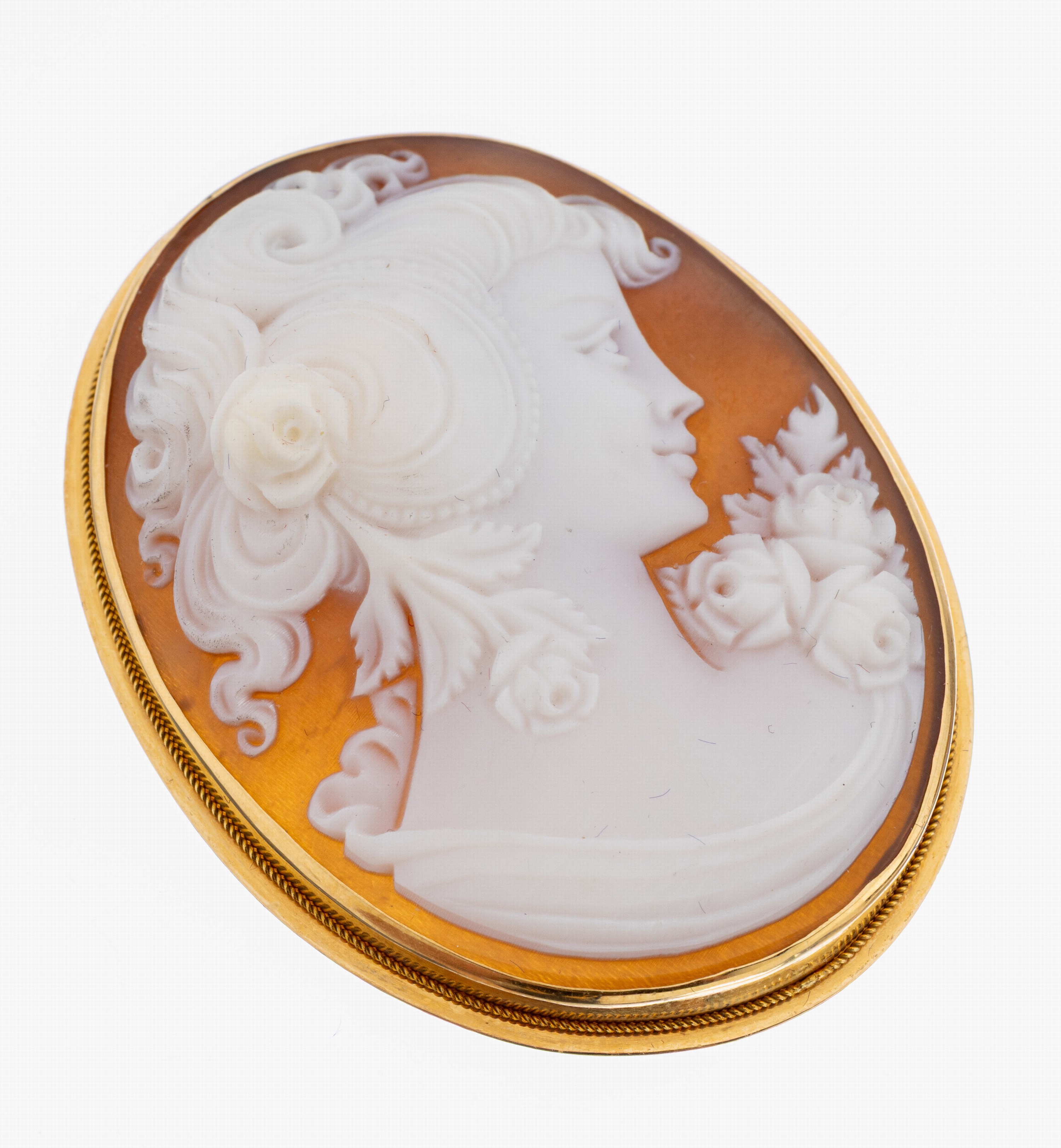 Image 27049862 - 18 kt Gold Kamee-Brosche, GG 750/000, ovaleMuschelkamee, Darstellung einer Dame im ...