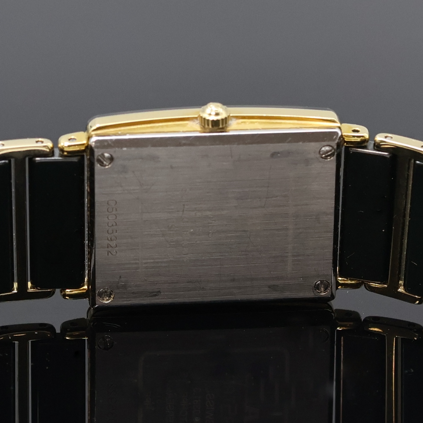 Detail d: RADO Diastar Armbanduhr Referenz 160.0381.3, Schweiz um 1995, quarz, verg. Geh., Stahlboden 4-fach verschr., orig. Keramikband m. dopp. Faltschl. in ...