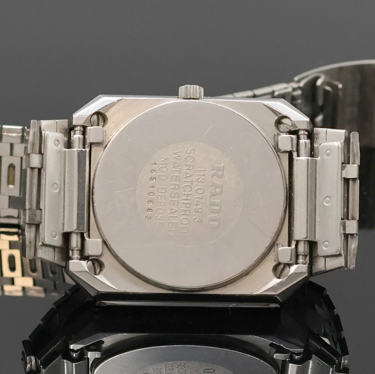Detail d: RADO Diastar Armbanduhr in Stahl Referenz 113.0149.3, Schweiz 1990, quarz, Boden aufgedr., Rado Stahlband (Länge verstellbar), Glas facett., graues ...