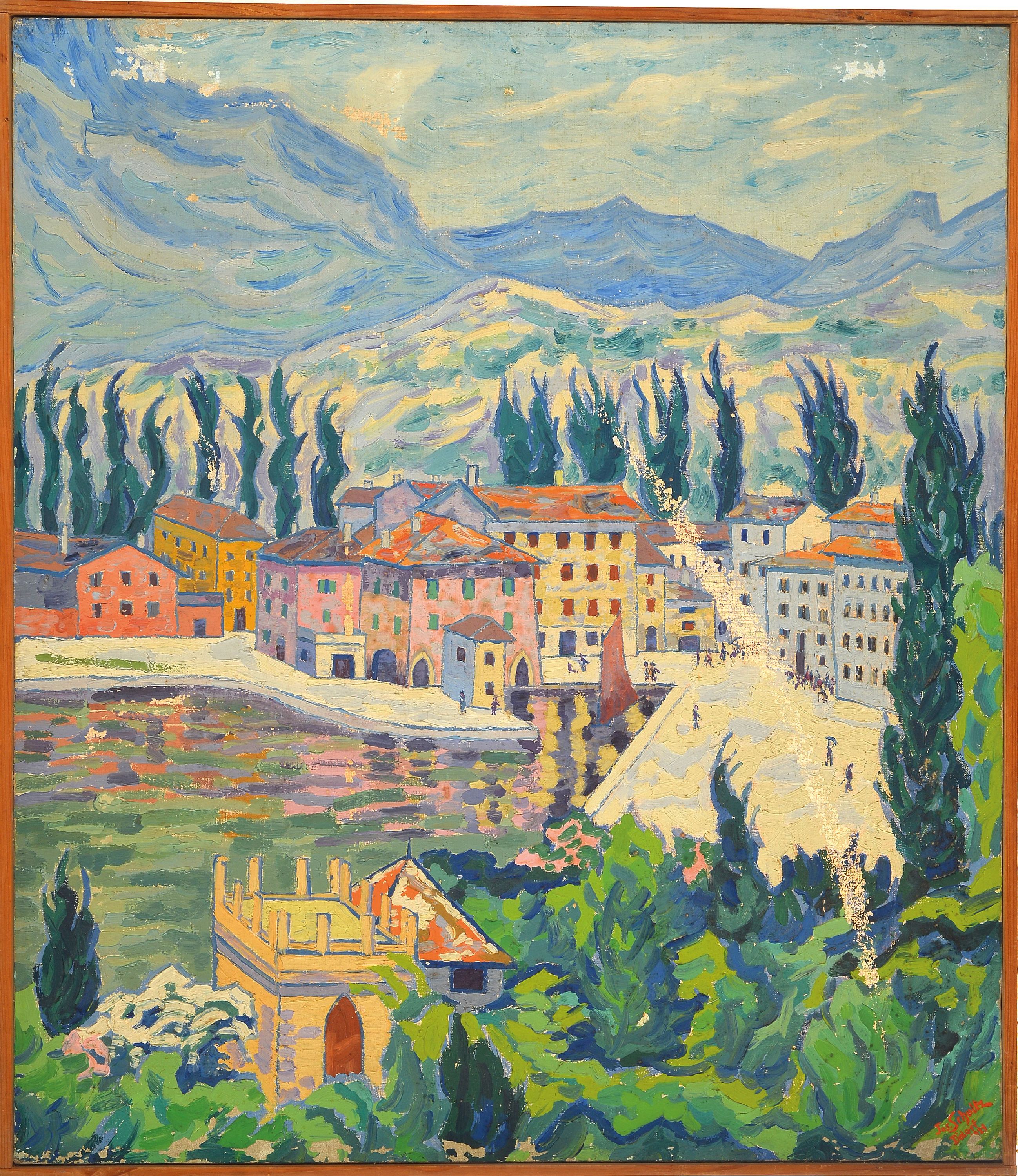 Detail k: Josef Schultz, 1872-1972 Düsseldorf, "Torbole (Gardasee)" so verso auf altem Etikett bezeichnet, rechts unten signiert und datiert 1929, ...