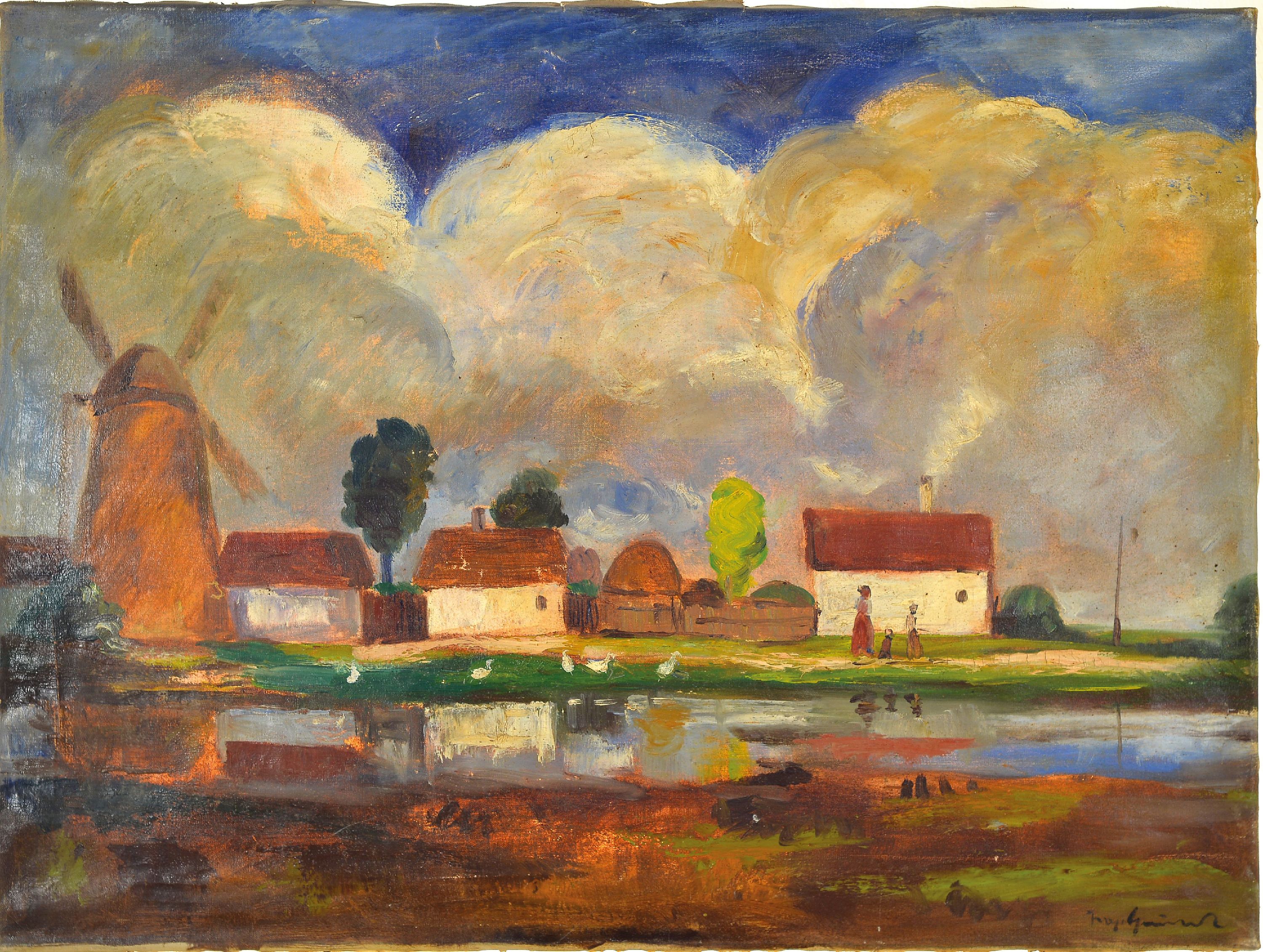 Detail k: Unbekannter tschechischer Künstler des 19./20.Jh., wohl holländische Landschaft, rechst unten unleserlich signiert, Öl/Lwd, Rahmen beschädigt ...