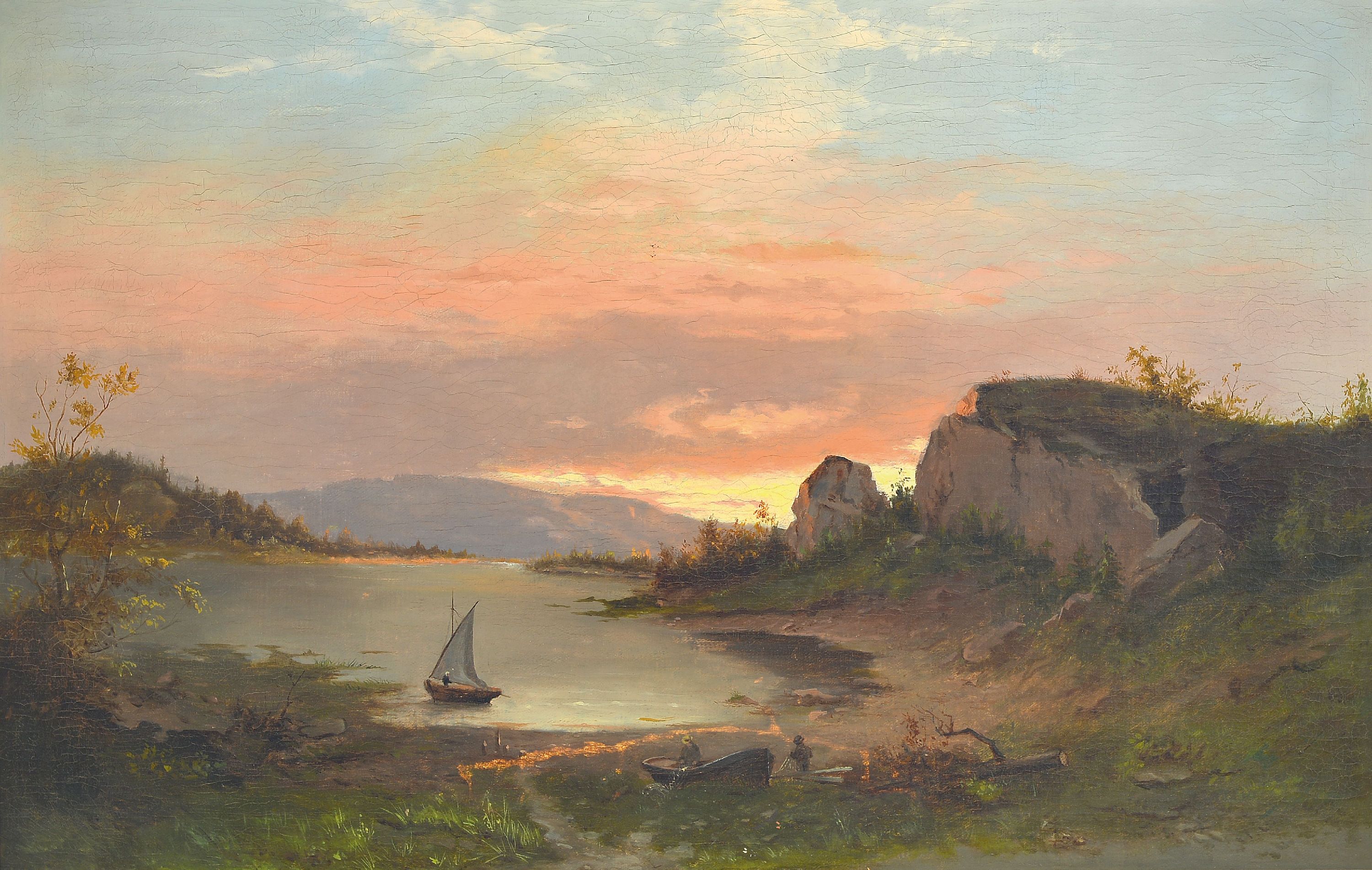 Image 27049995 - Unidentified Romantic, 2nd half of 19th century, seascape in afterglow with fishermen and ...