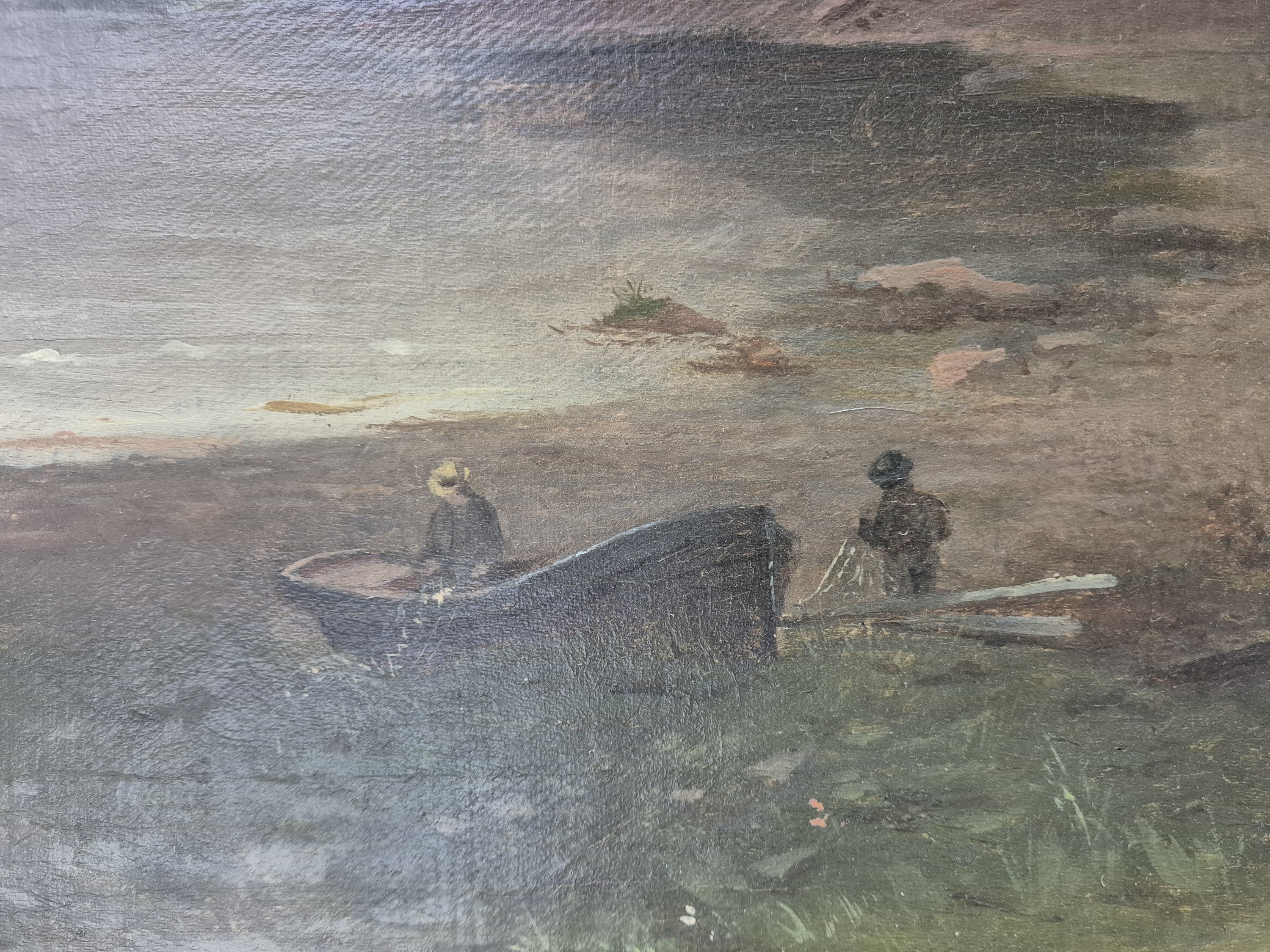 Detail c: Unbekannter Romantiker, 2. Hälfte 19. Jh., Seelandschaft im Abendrot mit Fischern und Booten, Öl/Lwd, doubliert, restauriert, altersbedingt ...