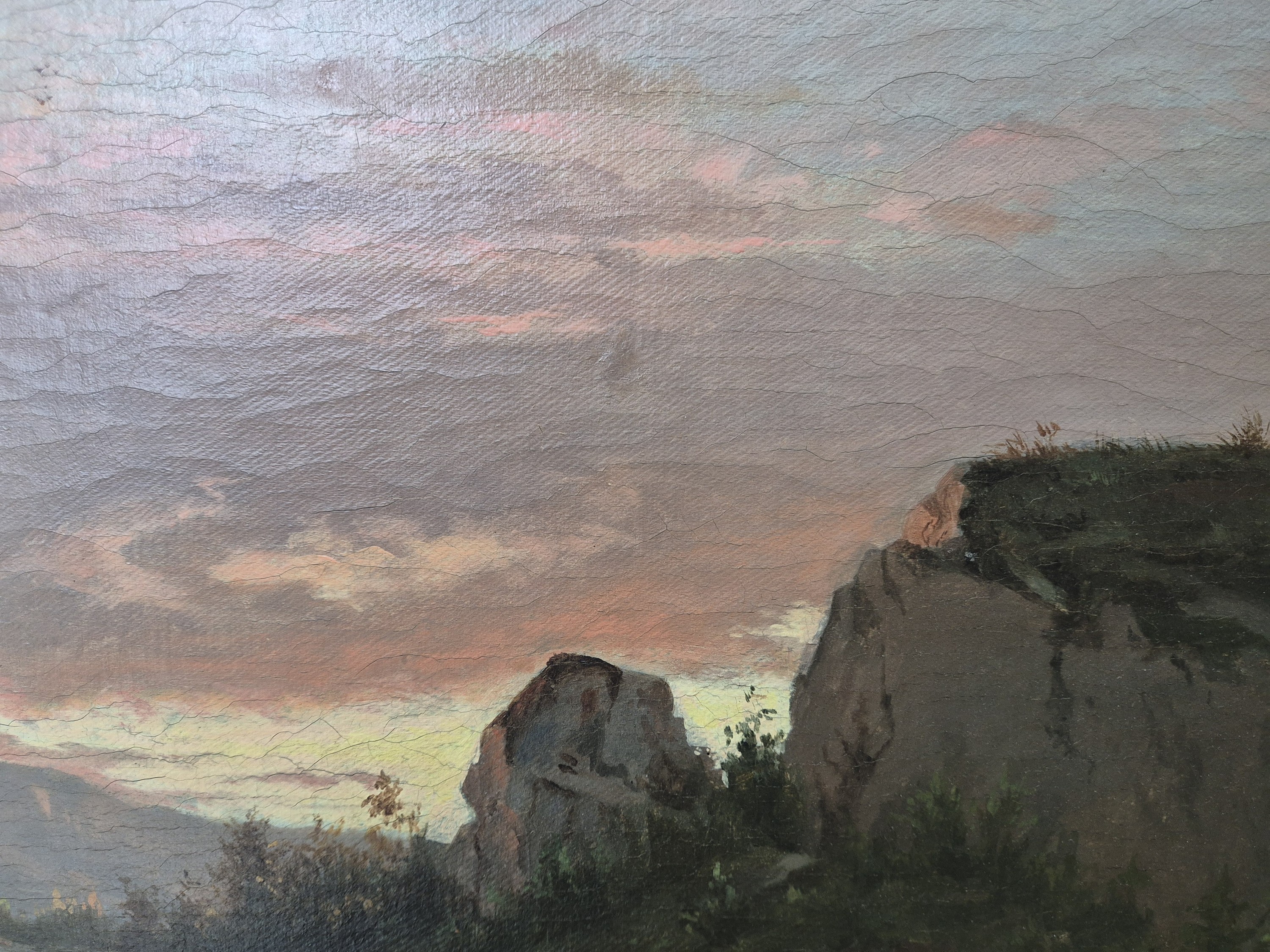 Detail f: Unbekannter Romantiker, 2. Hälfte 19. Jh., Seelandschaft im Abendrot mit Fischern und Booten, Öl/Lwd, doubliert, restauriert, altersbedingt ...