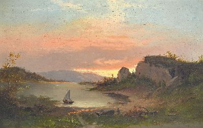 Image Unbekannter Romantiker, 2. Hälfte 19. Jh., Seelandschaft im Abendrot mit Fischern und ...