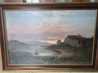 27049995b - Unidentified Romantic, 2nd half of 19th century, seascape in afterglow with fishermen and ...