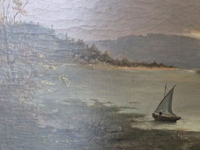 27049995d - Unidentified Romantic, 2nd half of 19th century, seascape in afterglow with fishermen and ...