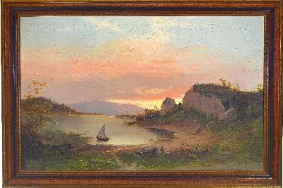 27049995k - Unidentified Romantic, 2nd half of 19th century, seascape in afterglow with fishermen and ...