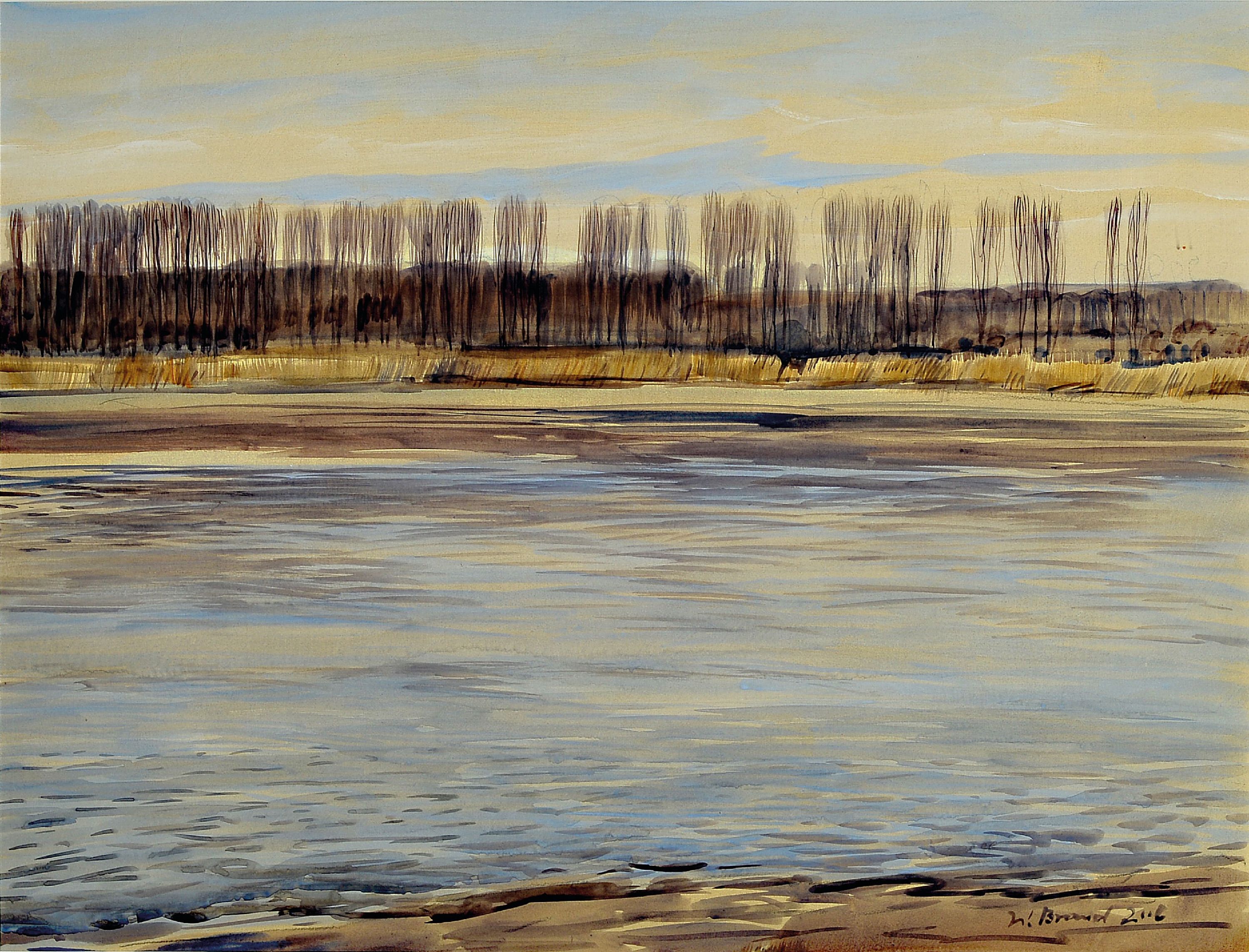 Detail a: Werner Brand, 1933 Löbau-2021 Hochstadt, 2 Aquarelle von 2006, beide sign., Landschaften am Altrhein, je ca. 39x51cm, PP, u.Gl., R. ca. 64x84cm
