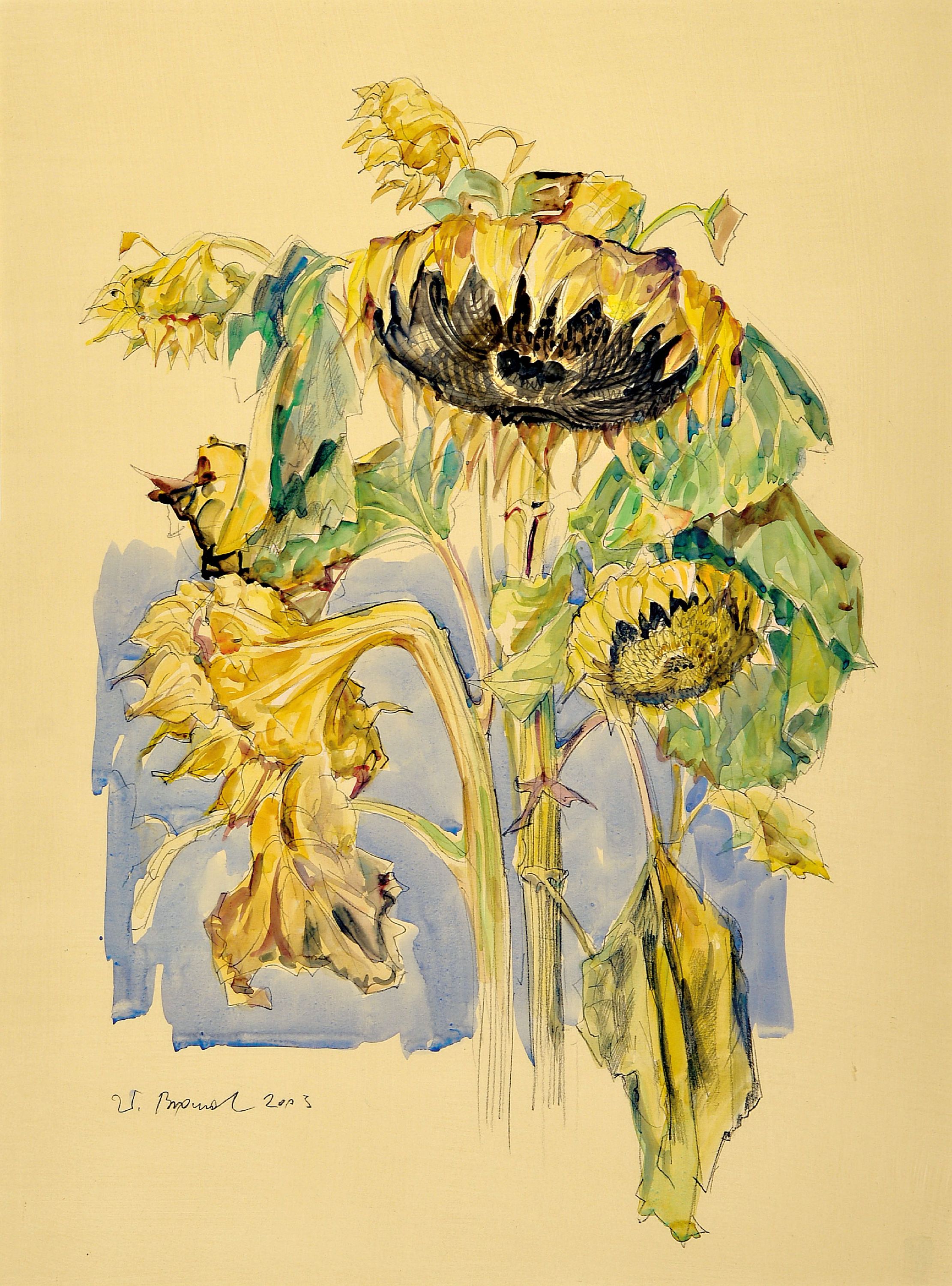 Image 27050123 - Werner Brand, 1933 Löbau-2021 Hochstadt, 3 Aquarelle mit Sonnenblumendarstellungen, ...