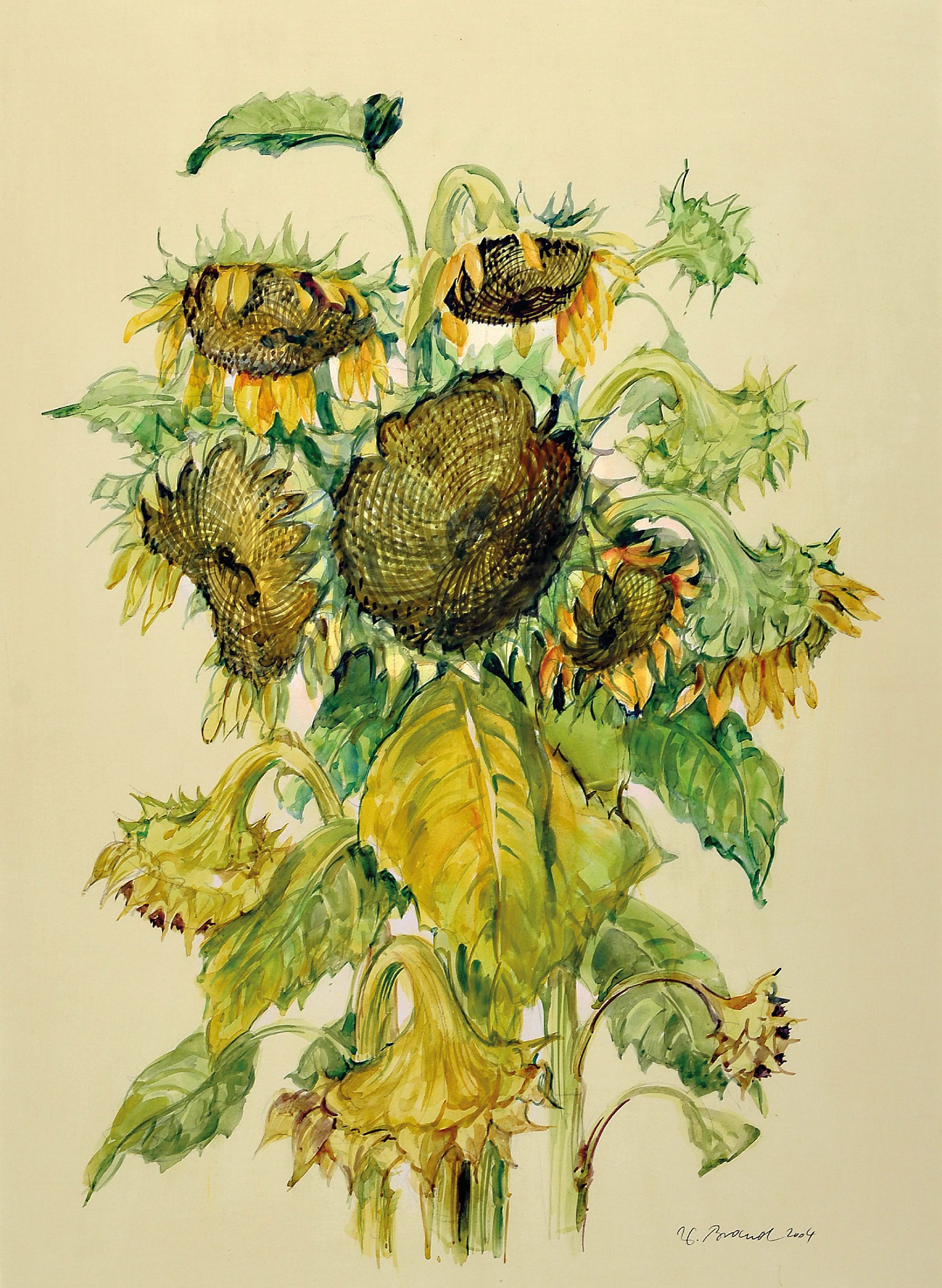 Detail a: Werner Brand, 1933 Löbau-2021 Hochstadt, 3 Aquarelle mit Sonnenblumendarstellungen, alle handsigniert, 2x dat. 2004, je ca. 59x43cm, PP, u.Gl., R. ...