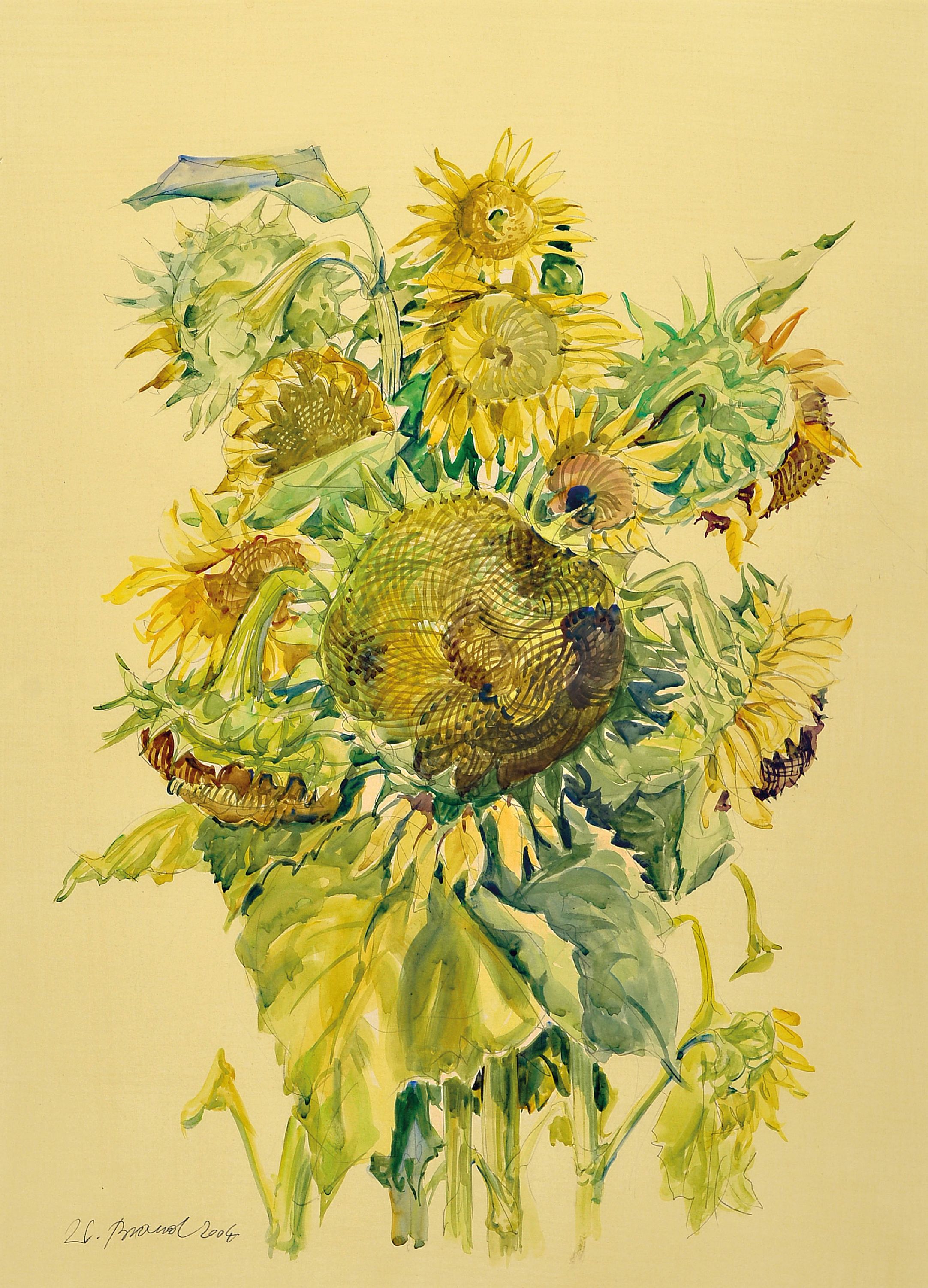 Detail b: Werner Brand, 1933 Löbau-2021 Hochstadt, 3 Aquarelle mit Sonnenblumendarstellungen, alle handsigniert, 2x dat. 2004, je ca. 59x43cm, PP, u.Gl., R. ...