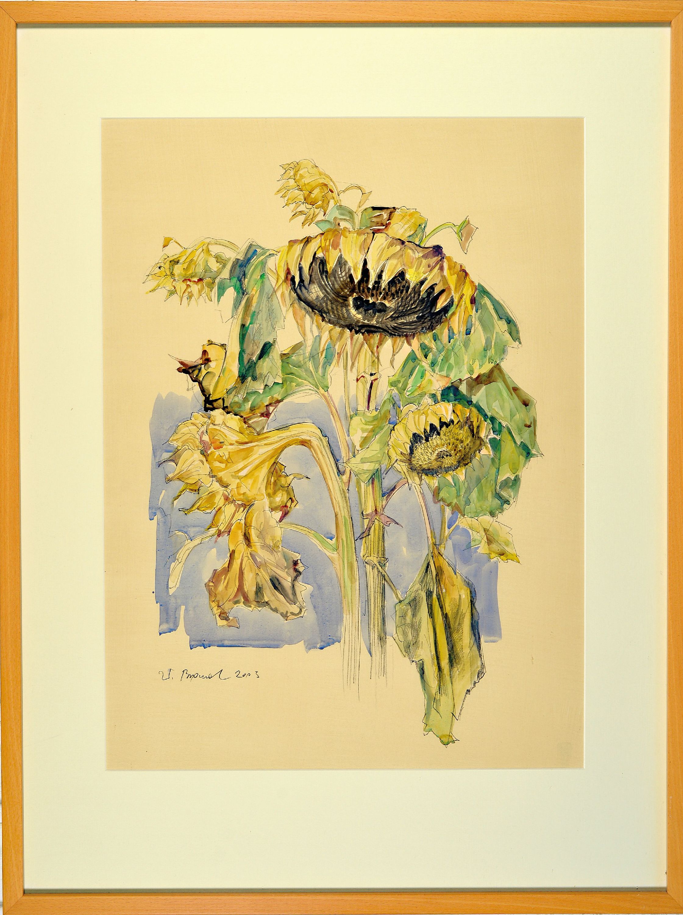 Detail k: Werner Brand, 1933 Löbau-2021 Hochstadt, 3 Aquarelle mit Sonnenblumendarstellungen, alle handsigniert, 2x dat. 2004, je ca. 59x43cm, PP, u.Gl., R. ...
