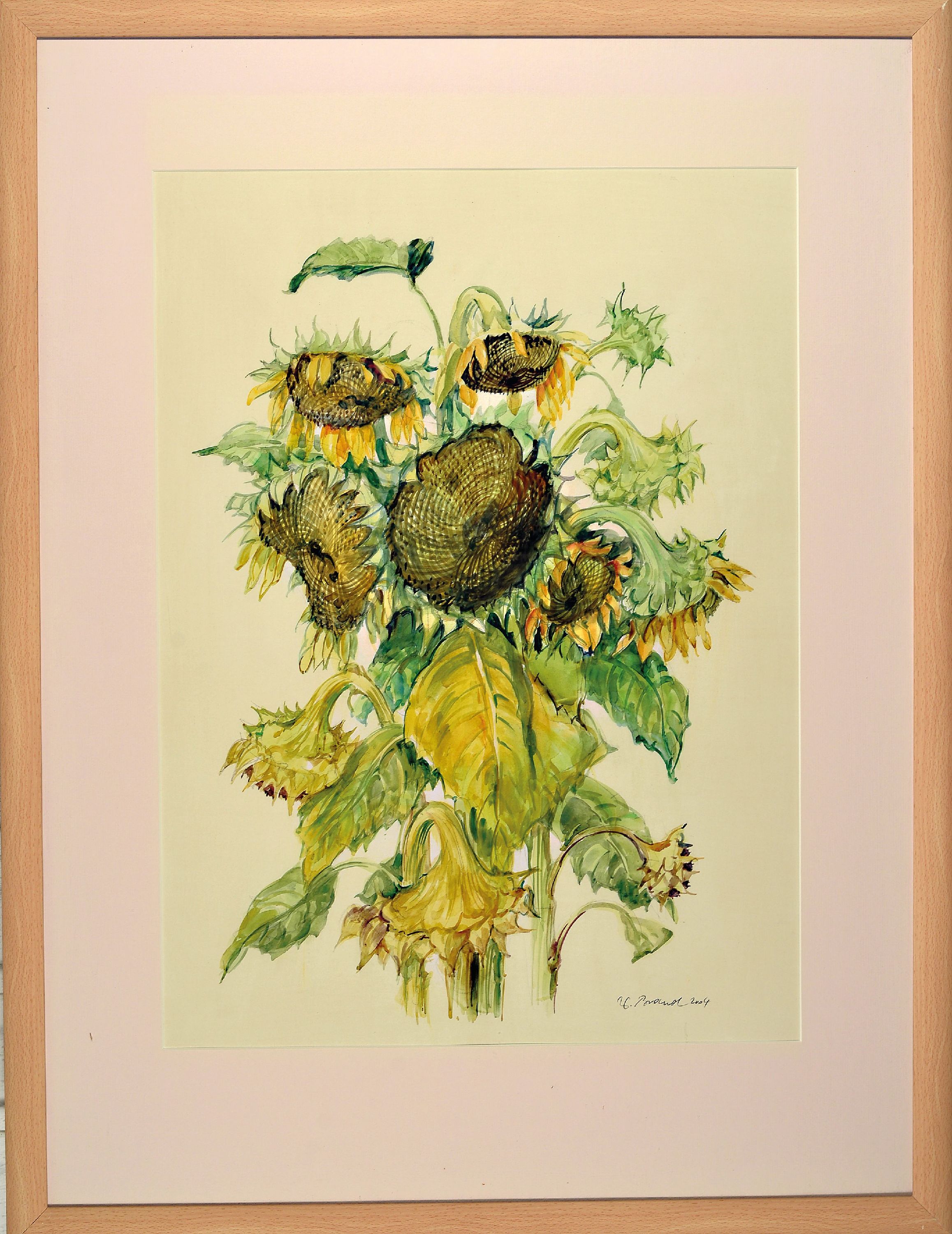 Detail l: Werner Brand, 1933 Löbau-2021 Hochstadt, 3 Aquarelle mit Sonnenblumendarstellungen, alle handsigniert, 2x dat. 2004, je ca. 59x43cm, PP, u.Gl., R. ...