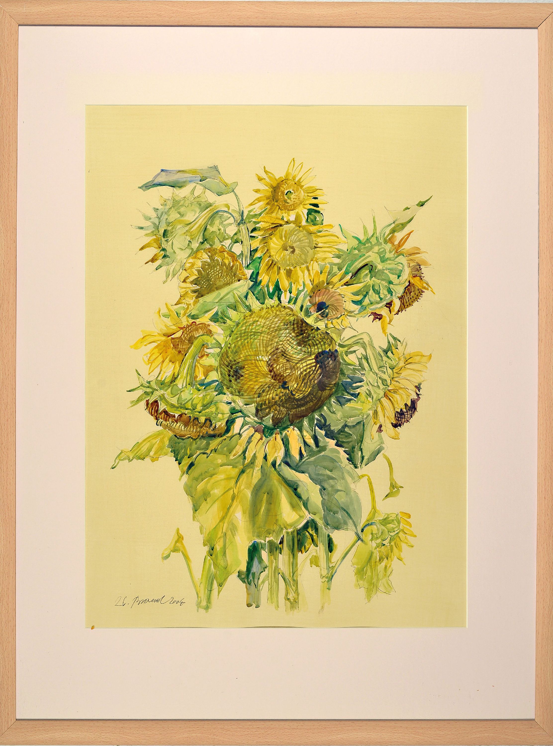 Detail m: Werner Brand, 1933 Löbau-2021 Hochstadt, 3 Aquarelle mit Sonnenblumendarstellungen, alle handsigniert, 2x dat. 2004, je ca. 59x43cm, PP, u.Gl., R. ...