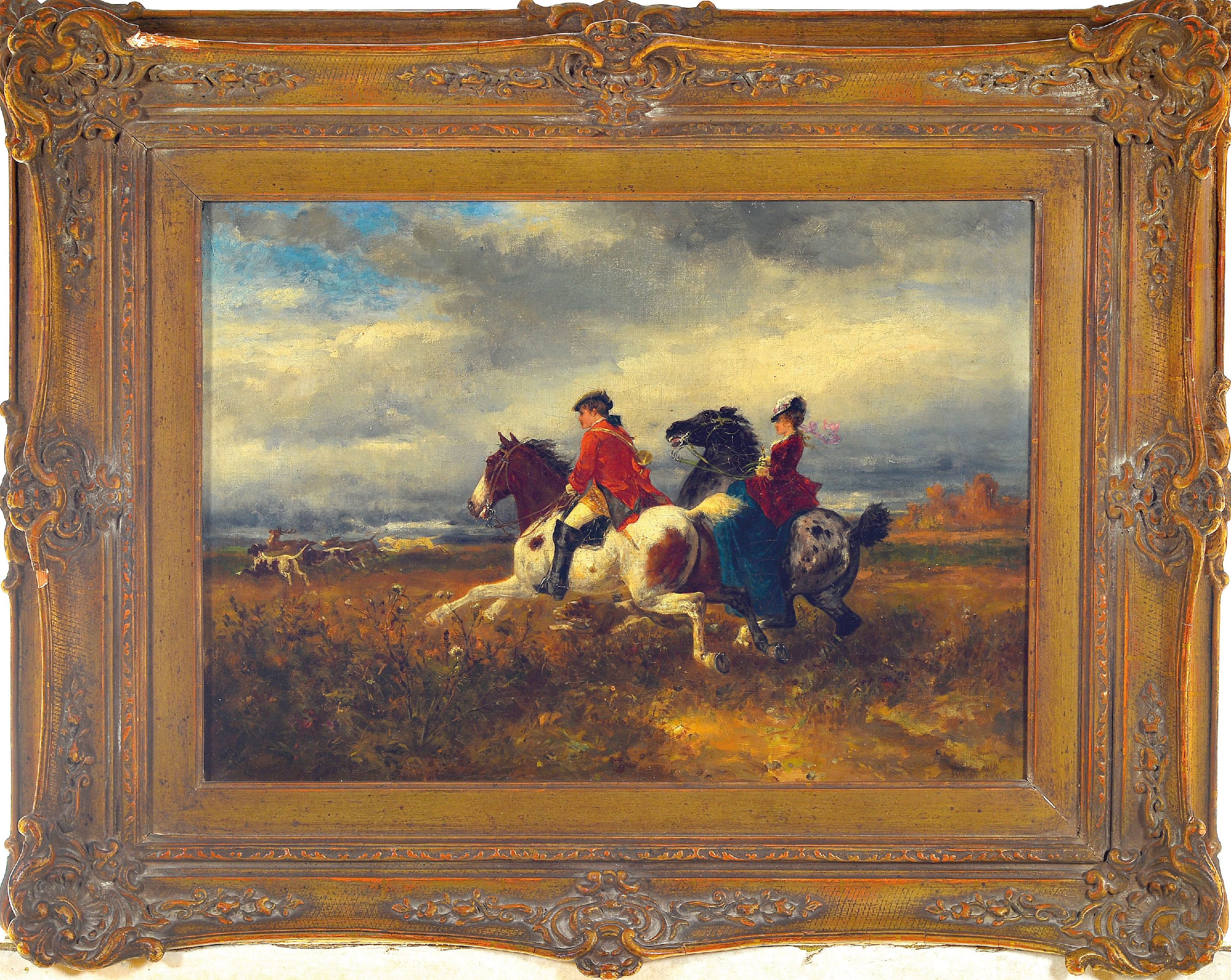 Detail k: Julius Schoger, Salzburg 1847-85 Hallein, Hirschhatz, galoppierendes Paar mit Jagdhunden, Öl/Lwd, signiert und dat. 1885, krakeliert, ca. 33 x 46 ...