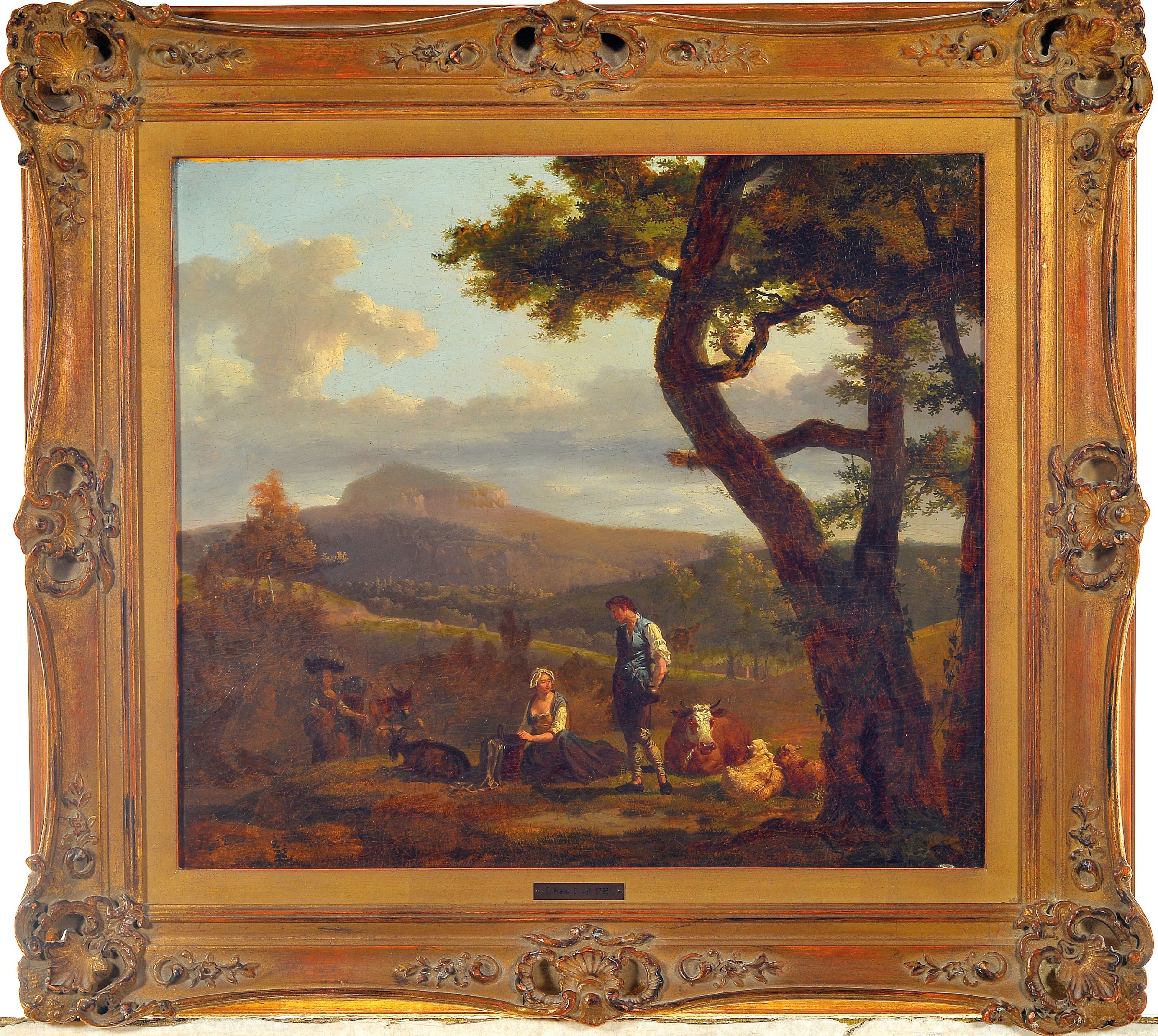 Detail k: Francois Duval 1776 St. Petersburg- 1885 Genf, Hirtenpaar mit Tieren in Hügellandschaft, feine lasierende Malerei, idyllische Landschaft, im ...