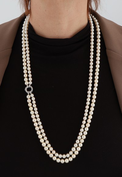 27050614d - Perl-Collier mit 14 kt Gold Diamant- Schmuckschließe, WG 585/000, 2-rhg. ...