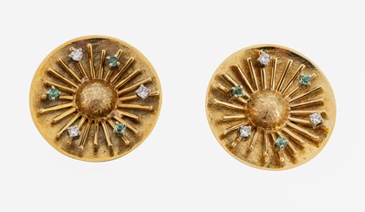 Image Paar 14 kt Gold Brillant-Farbstein-Ohrclips, GG 585/000, rund, strahlenf. Elemente, 6 ...