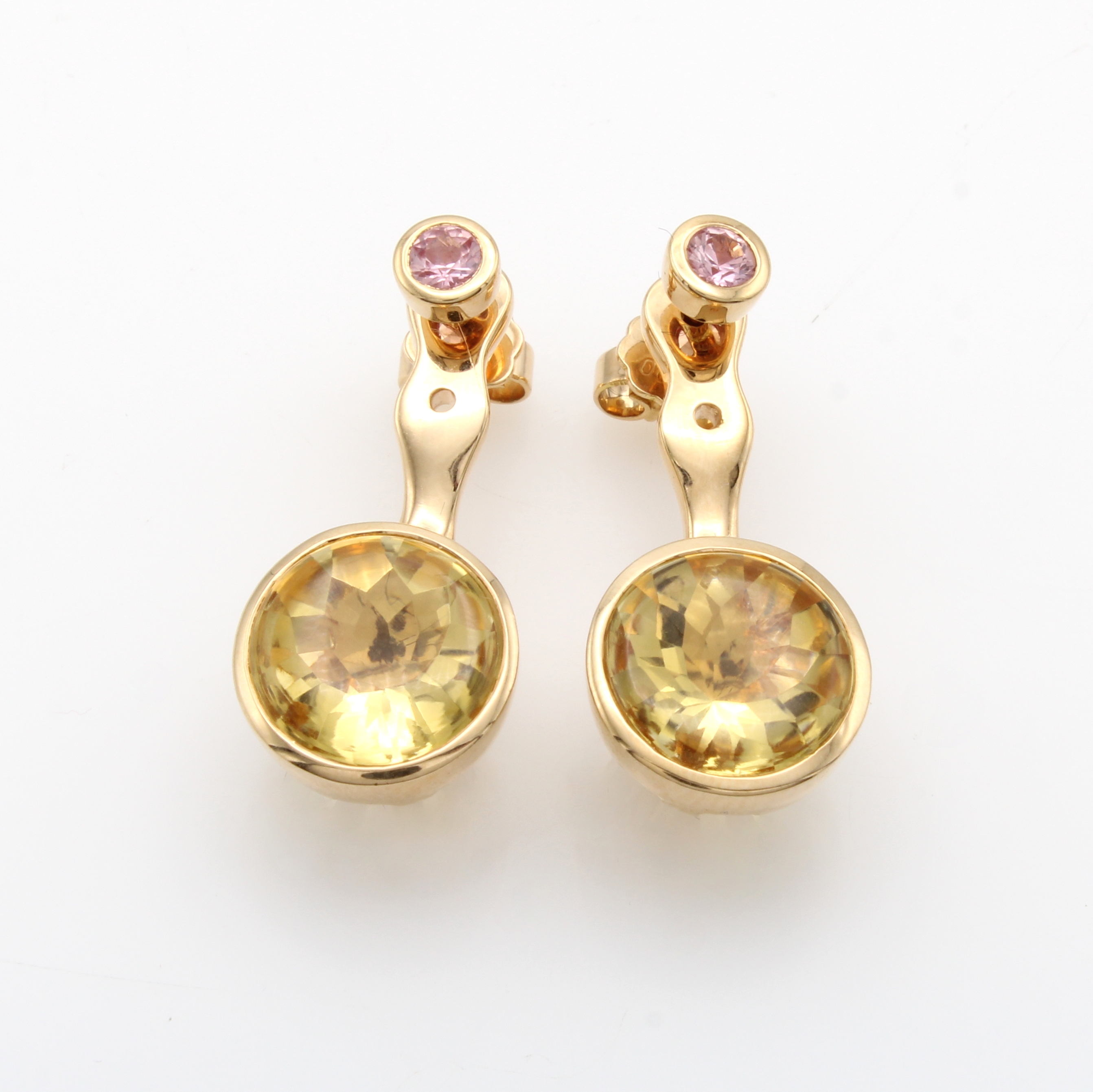Image 27050770 - Paar Ohrstecker mit pinkfarb. Saphiren und Citrinen, GG 750/000, rundfac. Farbsteine, ...