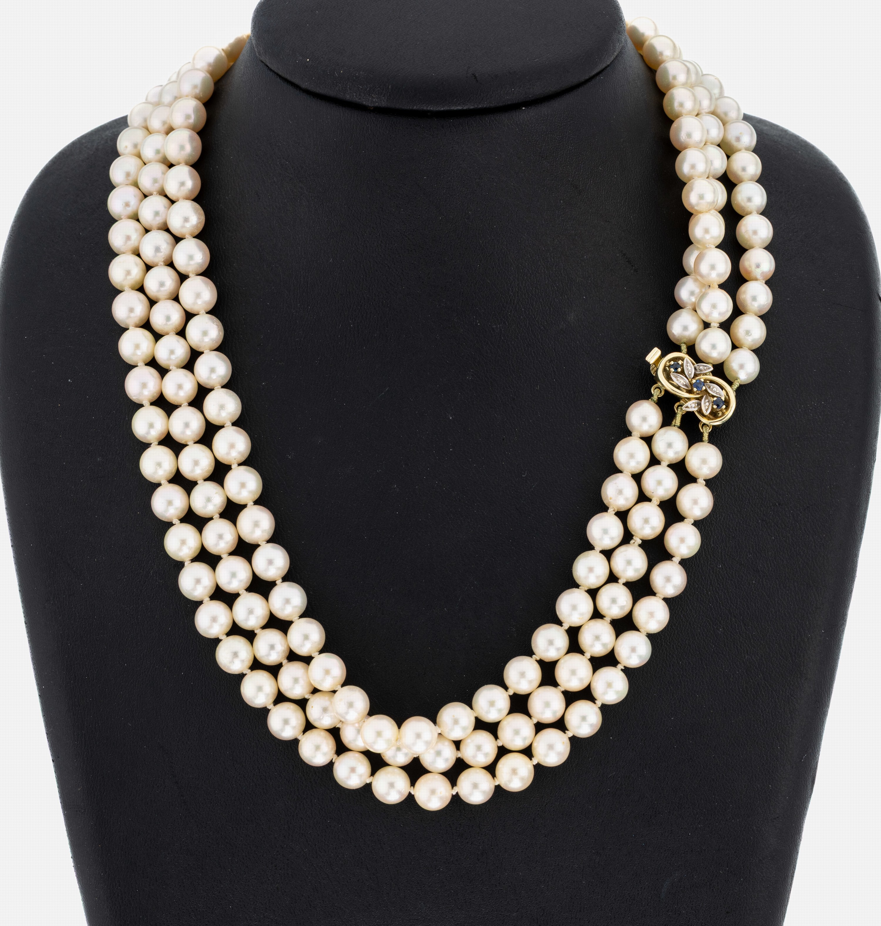Image 27050796 - Akoyazuchtperl-Collier mit 14 kt Gold Saphir- Schmuckschließe, GG/WG 585/000, 3-rhg. ...