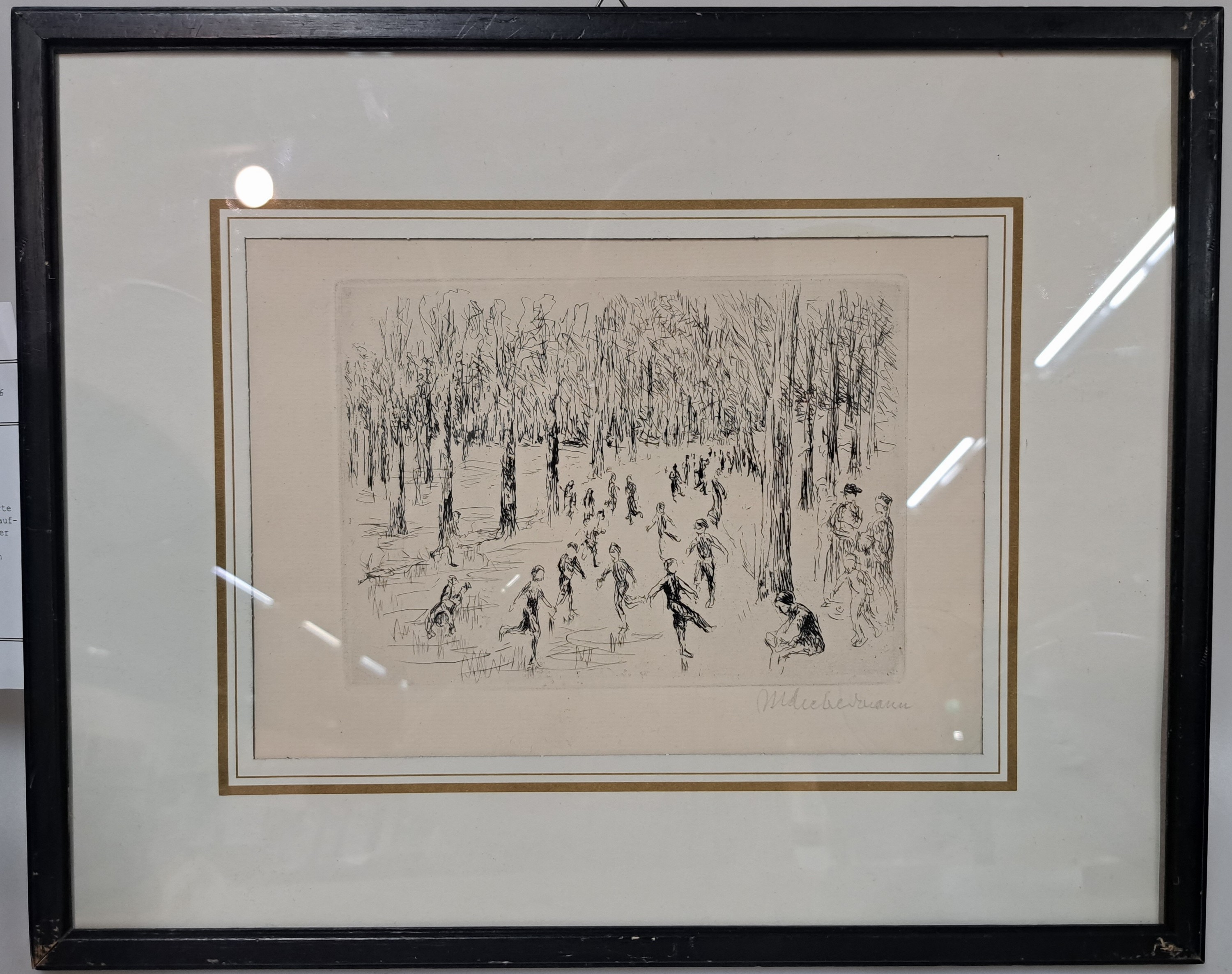 Detail a: Max Liebermann, 1847-1935, signierte Orig. Radierung 1923, Titel: Eislauf- WVZ Achenbach 1974 Nr. 59 b , unter Glas in alten Rahmen, Plattengr. ...