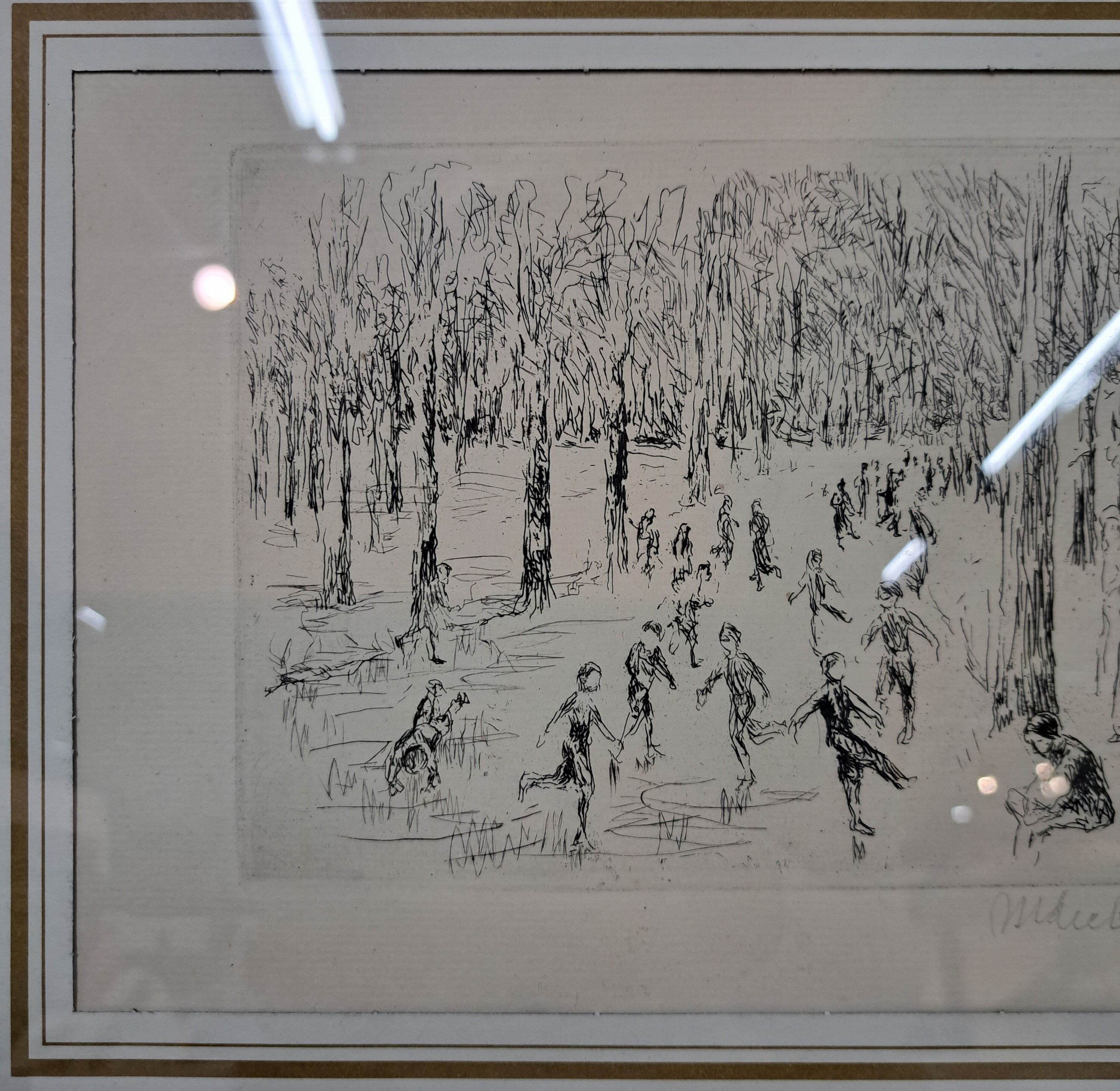 Detail b: Max Liebermann, 1847-1935, signierte Orig. Radierung 1923, Titel: Eislauf- WVZ Achenbach 1974 Nr. 59 b , unter Glas in alten Rahmen, Plattengr. ...
