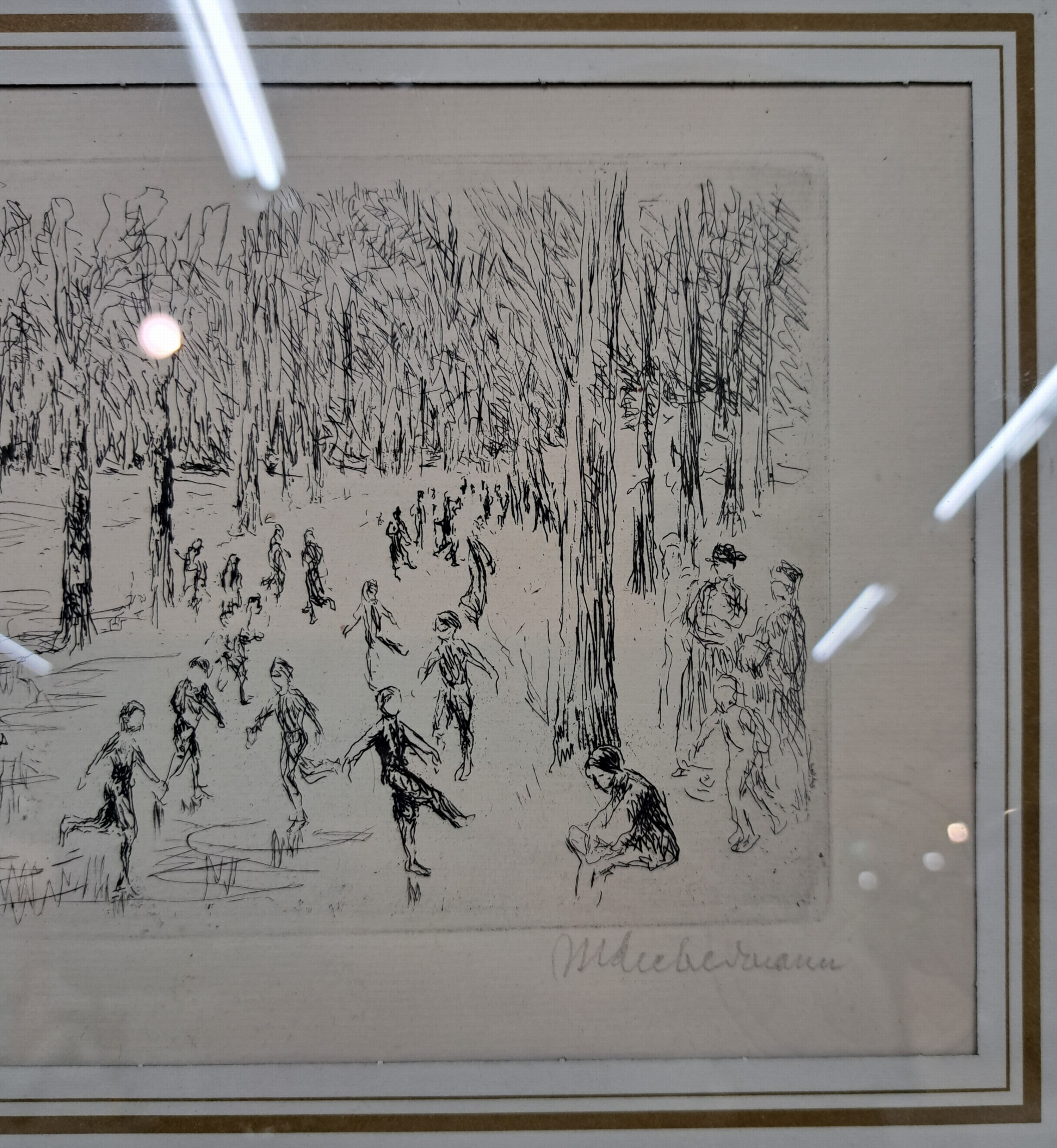 Detail c: Max Liebermann, 1847-1935, signierte Orig. Radierung 1923, Titel: Eislauf- WVZ Achenbach 1974 Nr. 59 b , unter Glas in alten Rahmen, Plattengr. ...