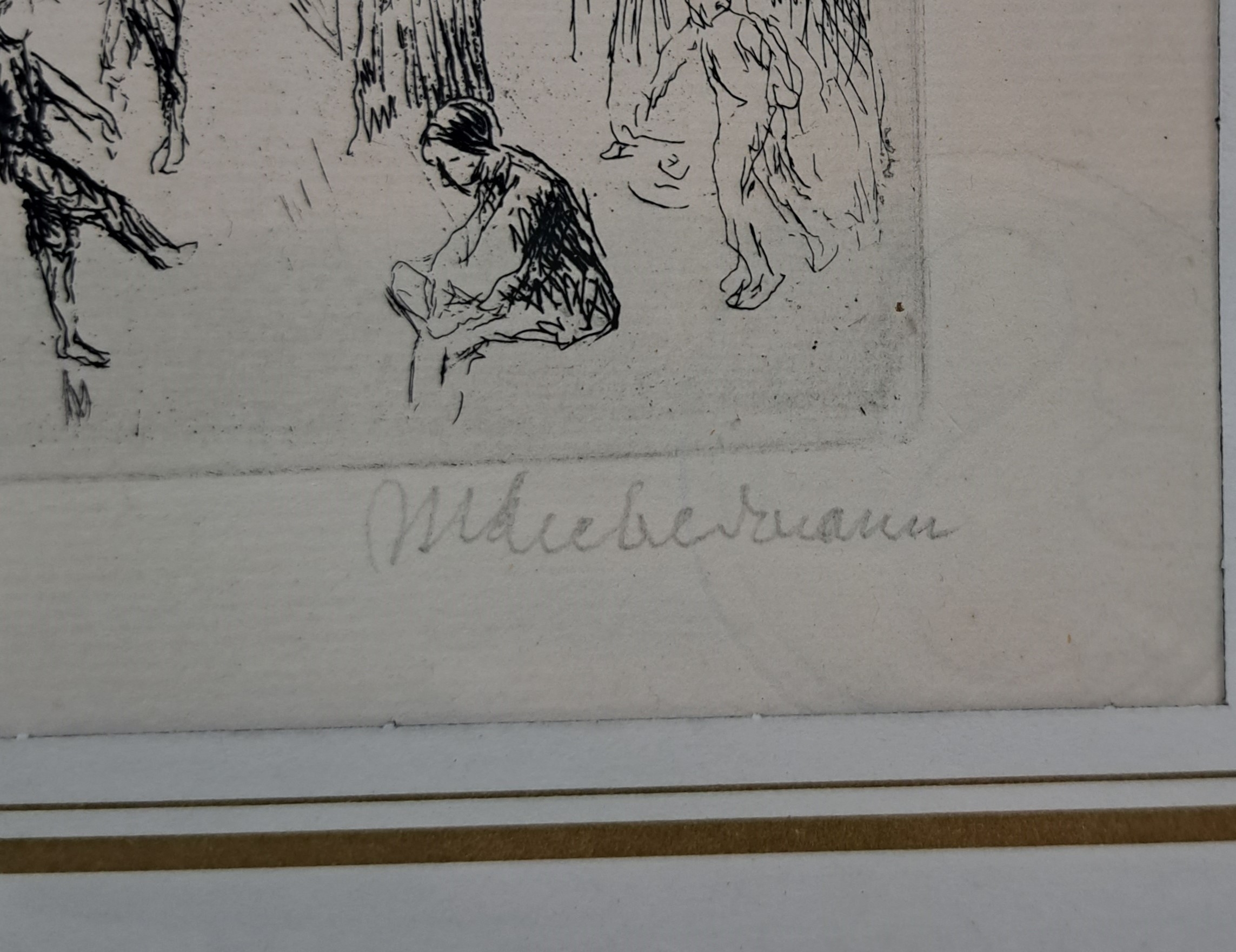 Detail d: Max Liebermann, 1847-1935, signierte Orig. Radierung 1923, Titel: Eislauf- WVZ Achenbach 1974 Nr. 59 b , unter Glas in alten Rahmen, Plattengr. ...