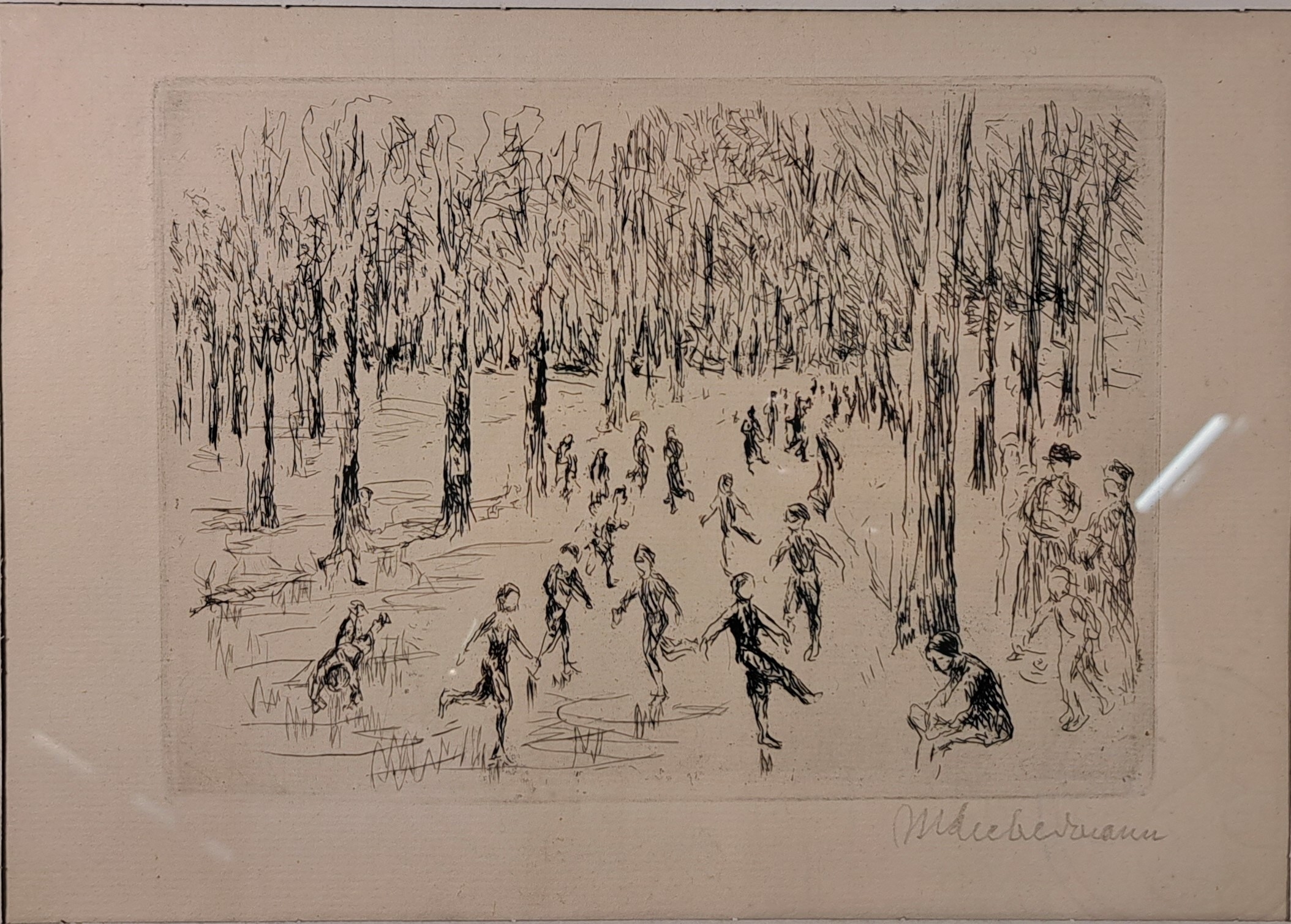 Detail f: Max Liebermann, 1847-1935, signierte Orig. Radierung 1923, Titel: Eislauf- WVZ Achenbach 1974 Nr. 59 b , unter Glas in alten Rahmen, Plattengr. ...
